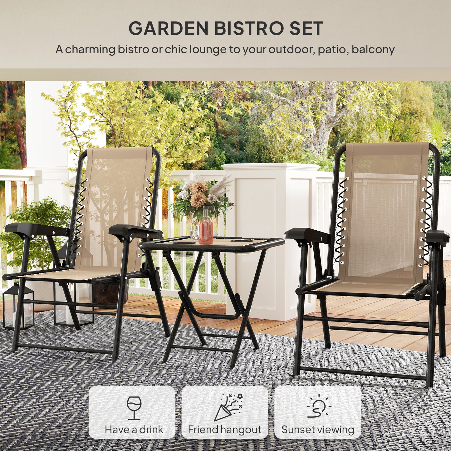 Outsunny Three Piece Garden Table And Chair Set In Khaki With Powder Coated Steel Frame And Textiline Fabric