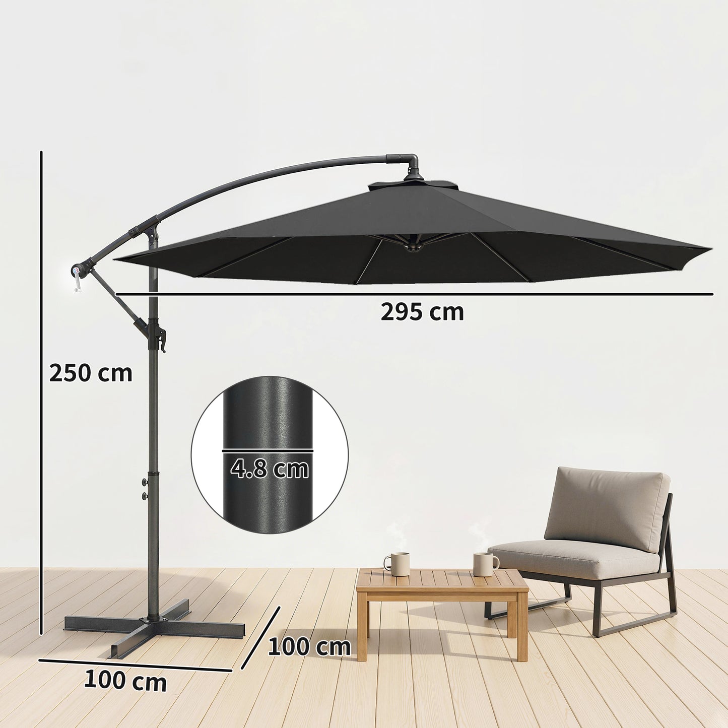 Outsunny 3m Overhanging Cantilever Parasol With Cross Base Black For Patio Garden Sun Shade And Durable Canopy