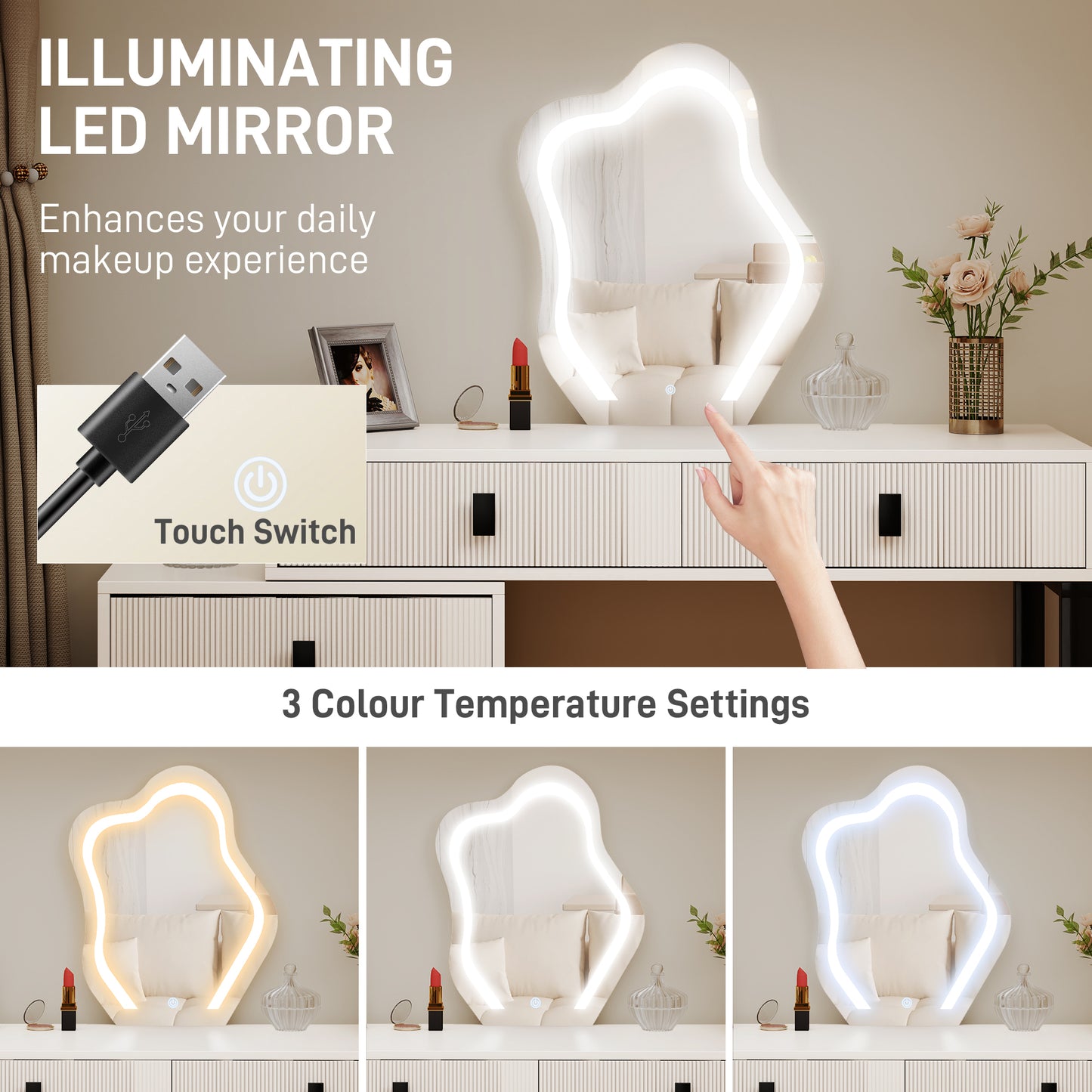 HOMCOM Dressing Table Vanity Desk With Leaf Shape Mirror 5 Drawers 3 Color LED Lights 100x40cm Tabletop White