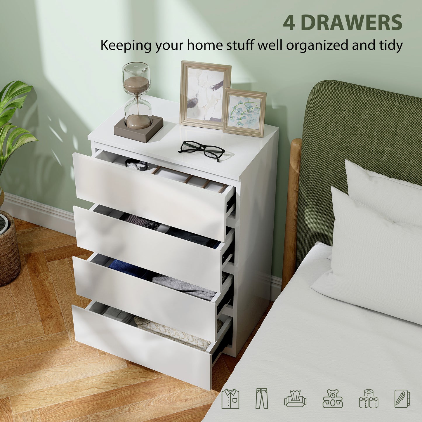 HOMCOM High Gloss Chest Of Drawers 4 Drawer Modern Dresser For Bedroom White Finish Durable And Space Saving