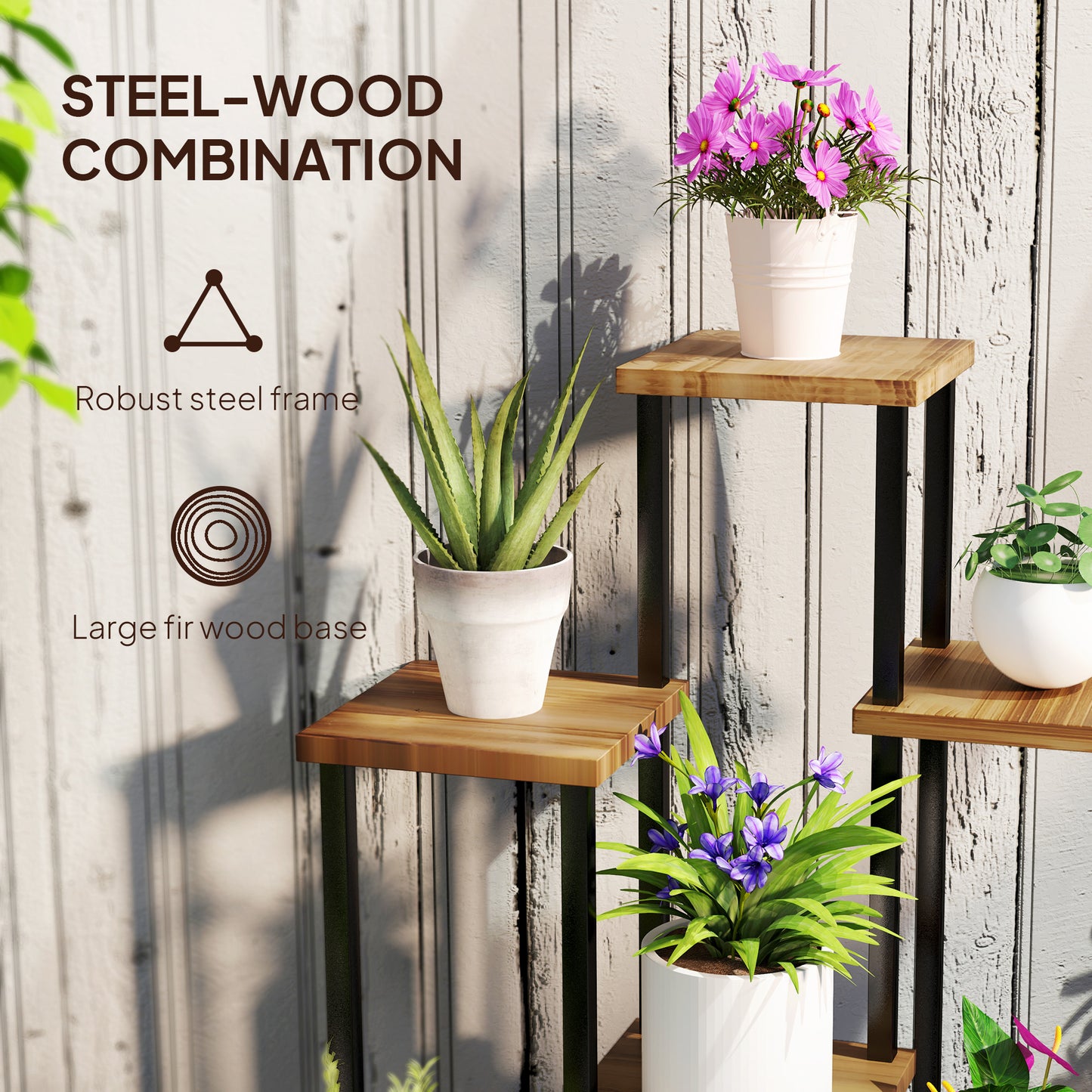 Outsunny Seven Shelf Wooden Plant Stand For Corner Decor With Staggered Shelves Holds Seven Plants