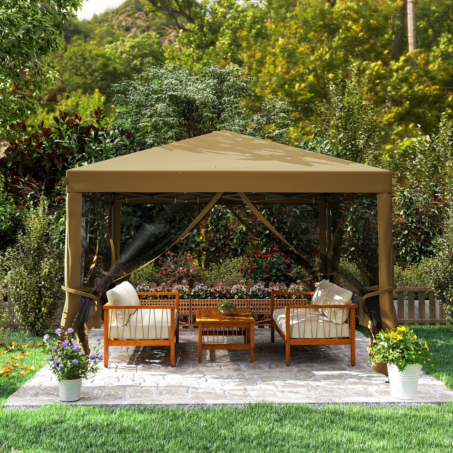 Outsunny 3x3m Pop Up Gazebo With 420D Canopy, Removable Mesh Sidewalls, Carry Bag, Garden Patio Outdoor Khaki