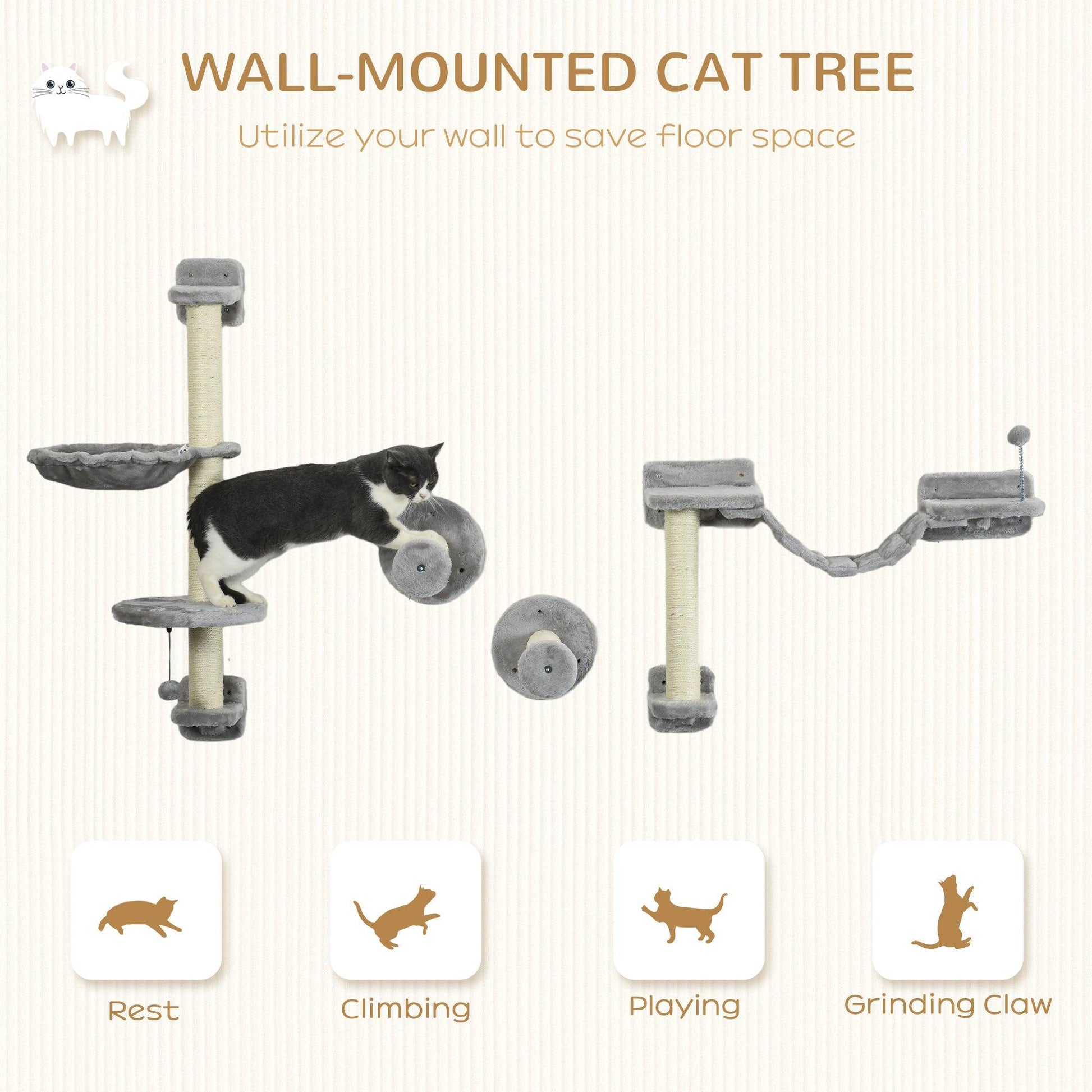 PawHut Cat Wall Furniture Set, Grey - ALL4U RETAILER LTD