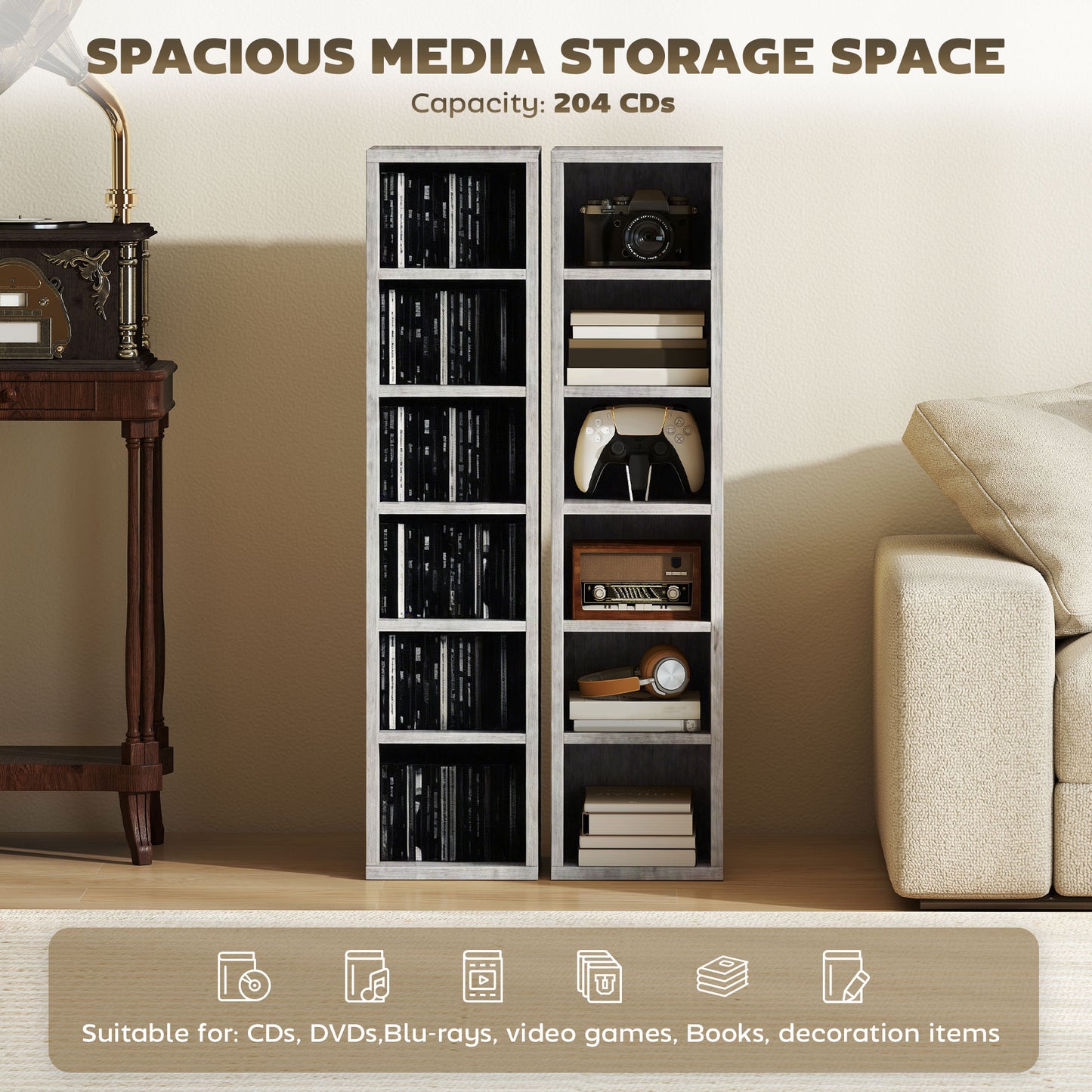 HOMCOM Set Of 2 CD Media Display Tower Racks With Adjustable Shelves Grey Holds 102 CDs Each