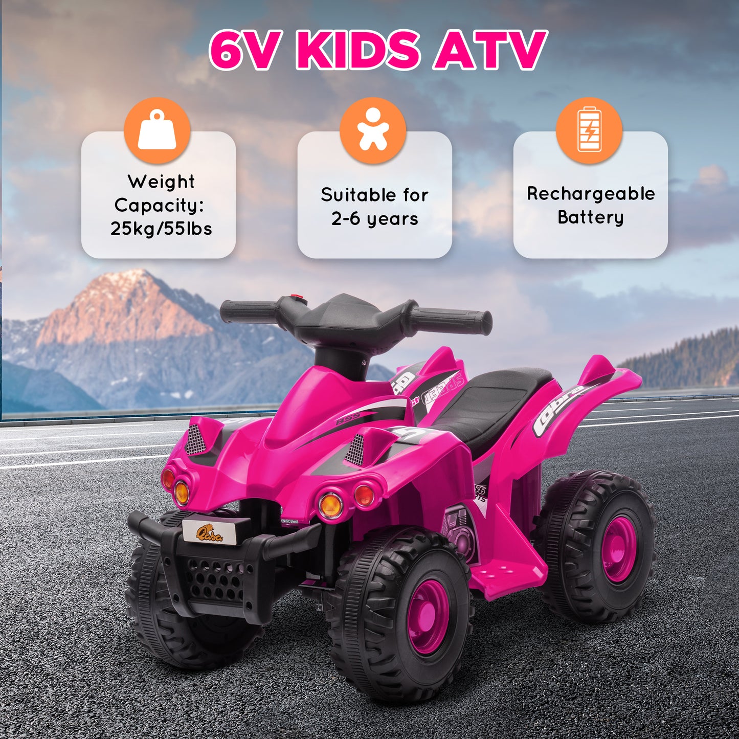 AIYAPLAY 6V Pink Electric Quad Bike for Kids with Music, Forward Function, Ideal for Ages 2-6