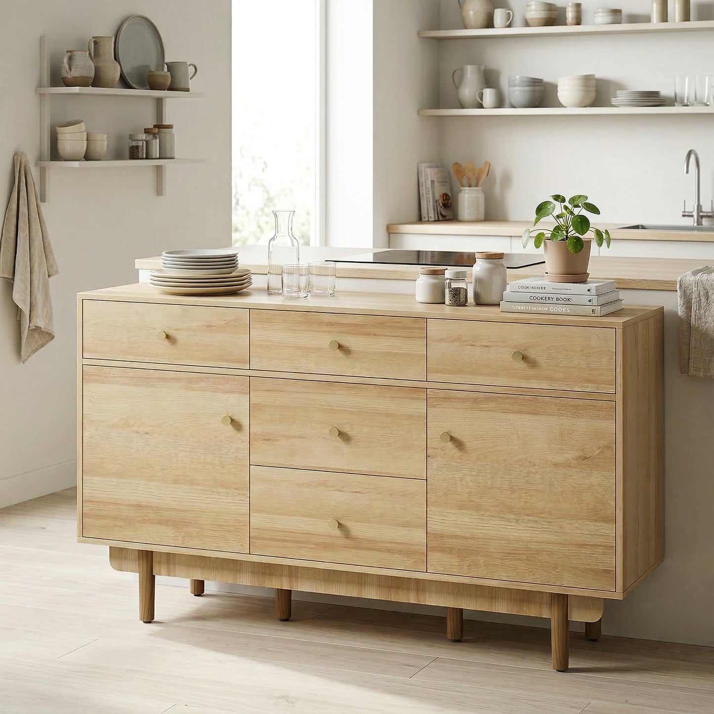 HOMCOM Walnut Sideboard With Five Drawers And Two Cabinets Solid Wood Legs 136 cm Buffet