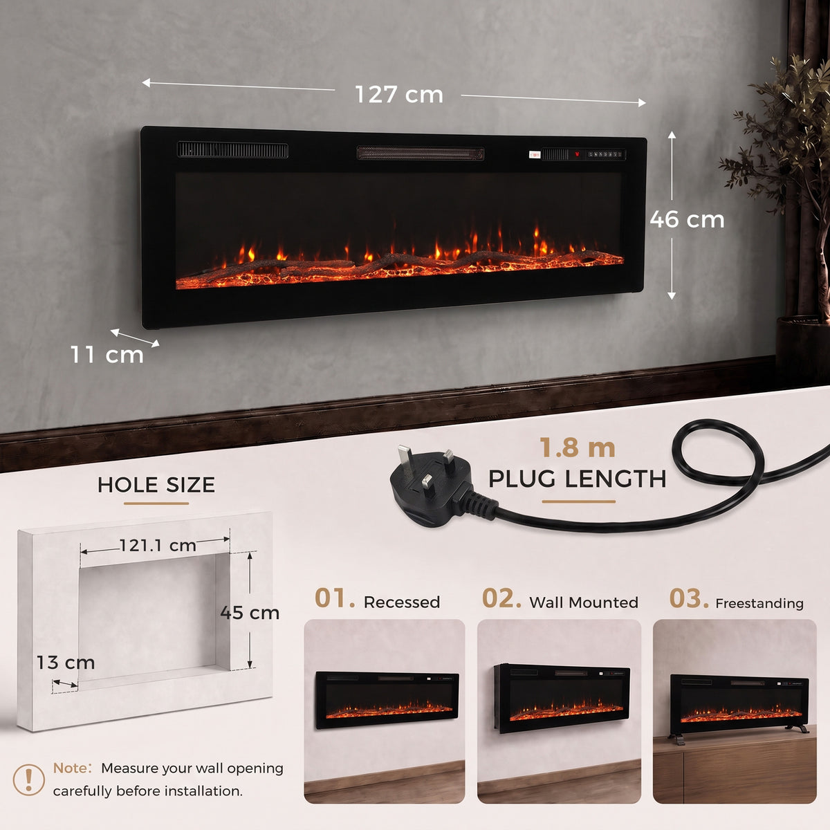 Electric fireplace size and recessed, wall-mount, freestanding installation diagram with cord.