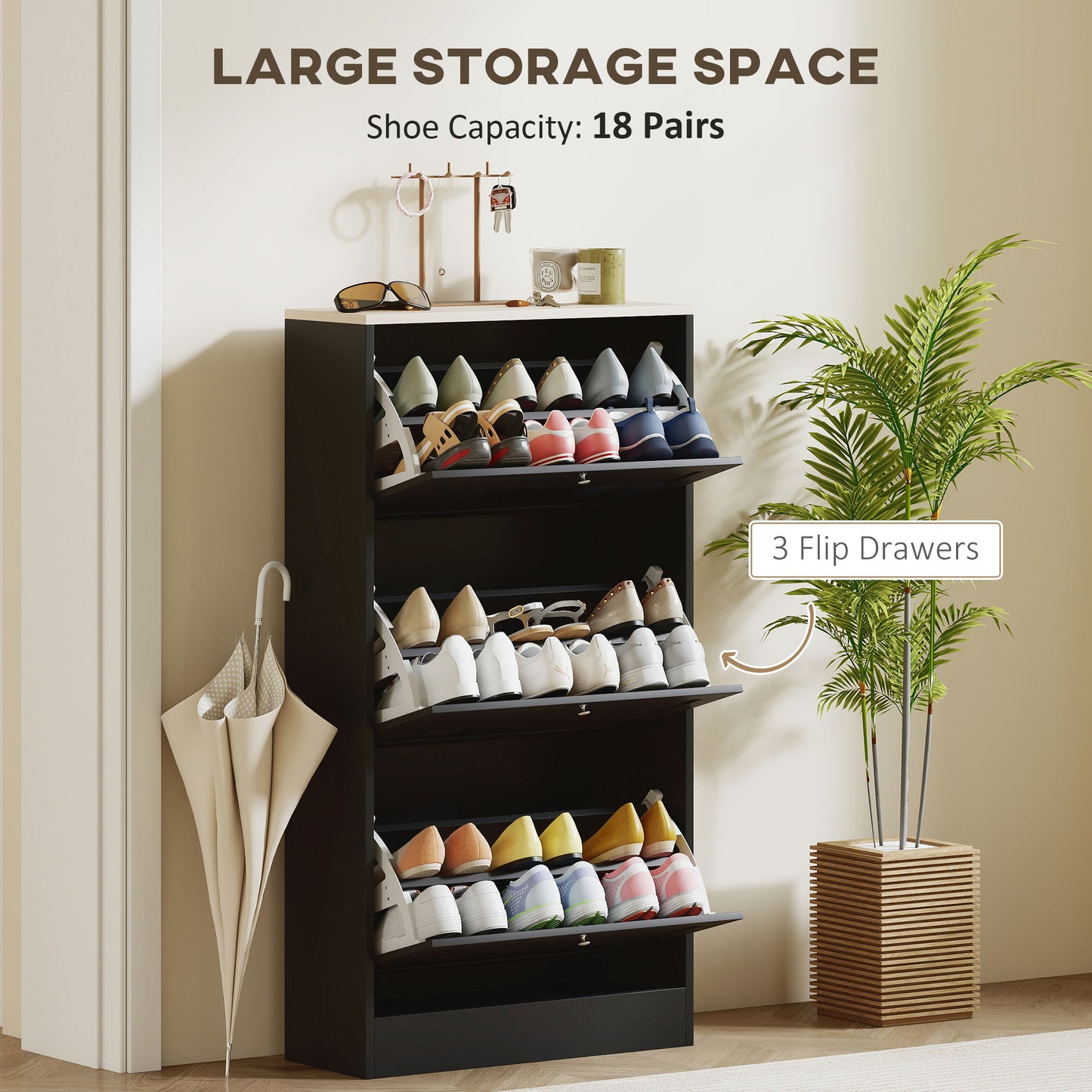 HOMCOM Modern Compact Three Drawer Shoe Storage Cabinet Black With Adjustable Shelves