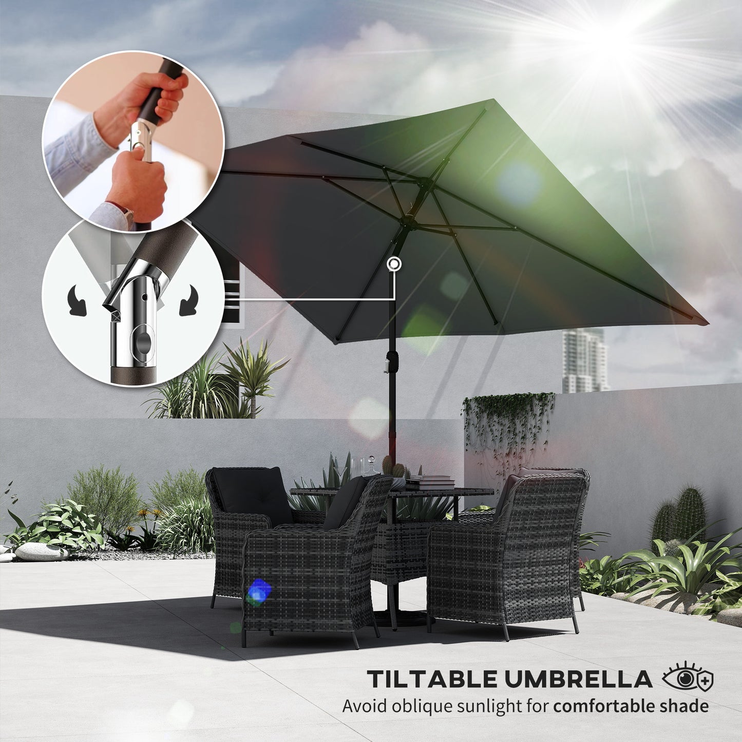 Outsunny Garden Parasol With Crank Handle Tilt Function Polyester Canopy Dark Grey