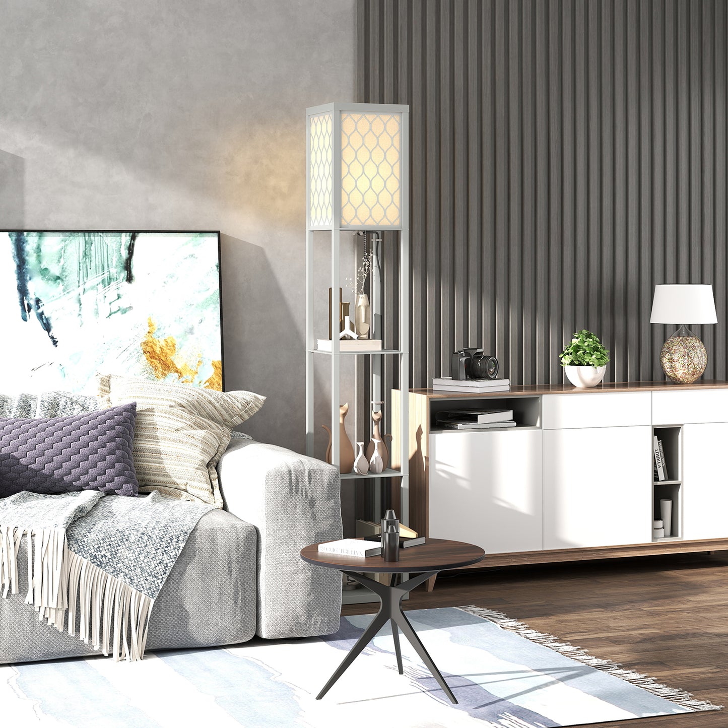 HOMCOM Three Shelf Standing Lamp Grey And White Finish With Integrated Shelves For Storage
