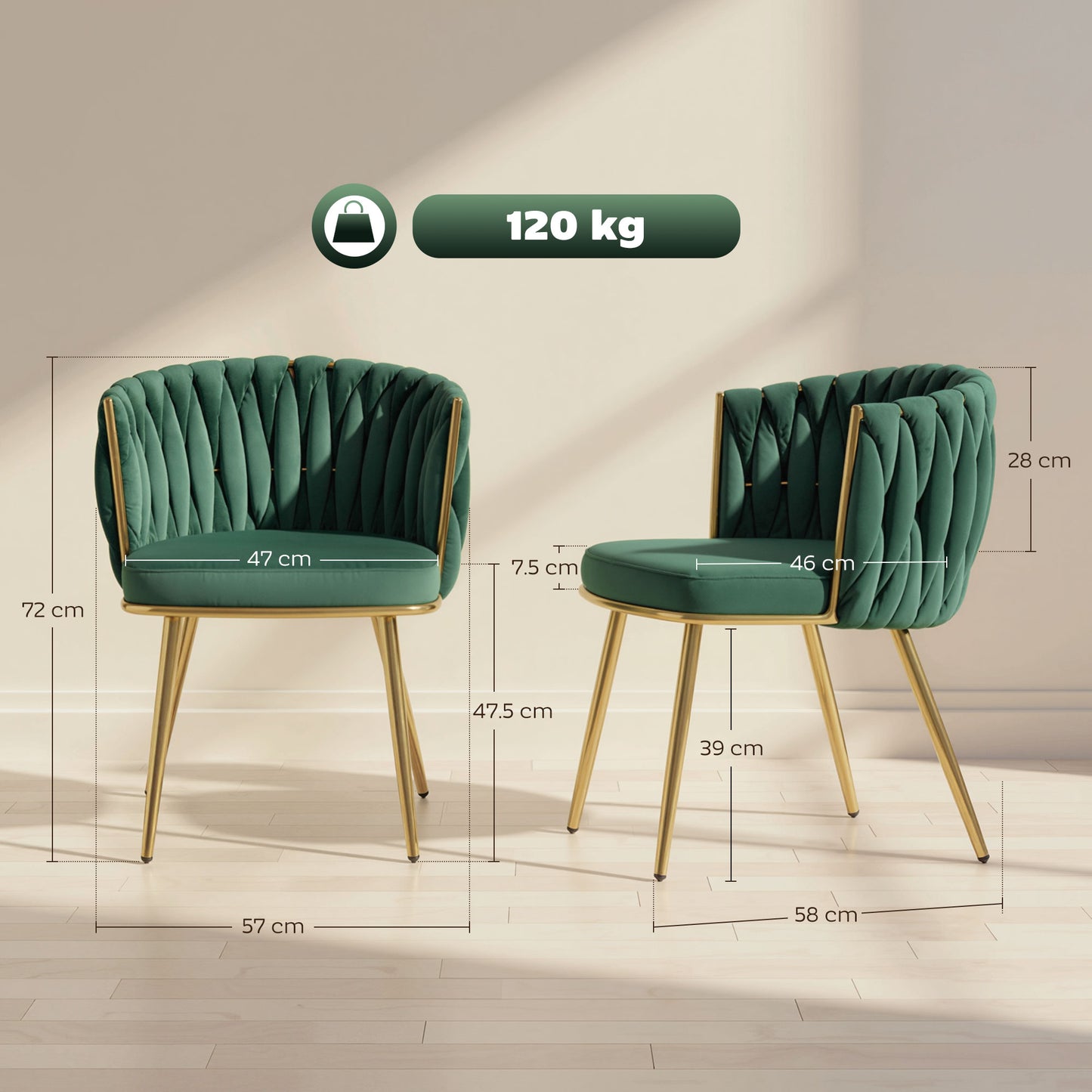 HOMCOM Velvet Feel Dining Chairs Set of 2 Modern Upholstered Armchairs with Knot Design and Golden Legs Dark Green