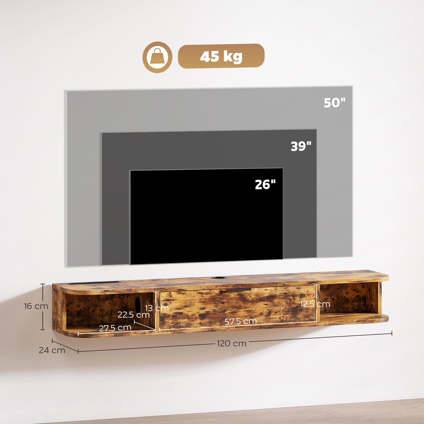 HOMCOM 120 Cm Floating TV Unit for Up To 50 Inch TVs Rustic Brown Wall Mount Cabinet with Concealed Cables and Drawer