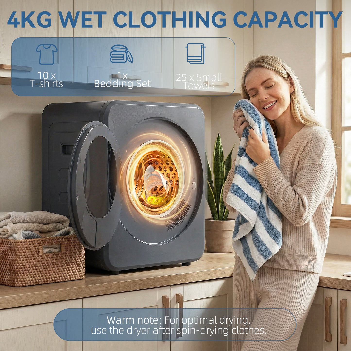 HOMCOM 4kg Vented Tumble Dryer With Stainless Steel Drum 800W Compact Front Freestanding Grey Sterilising Cycle