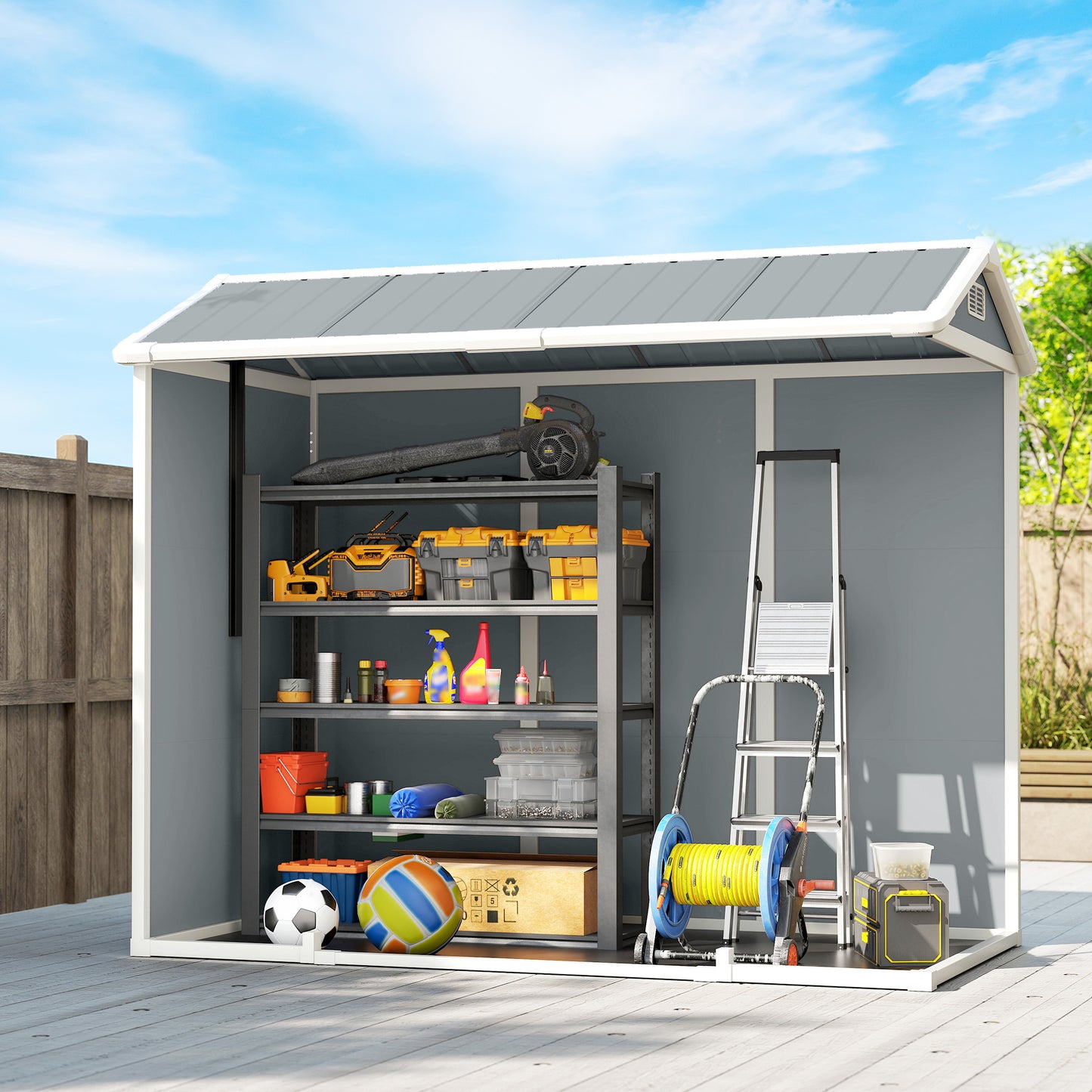 Outsunny 8x4 Ft Resin Garden Shed Wood-Effect Outdoor Storage Shed With Floor Windows Lockable Doors Vents Light Grey