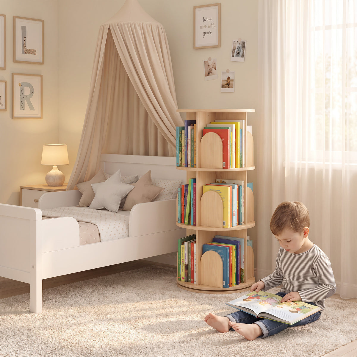 3-tier rotating kids bookshelf with rounded book compartments standing on the floor