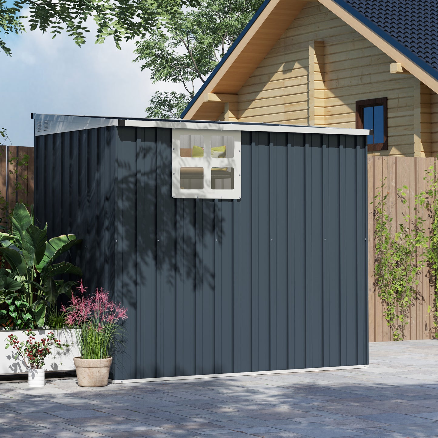 Outsunny 4 x 6 Ft Garden Metal Shed Outdoor Storage Shed With Window 2 Vents And Lockable Door Dark Grey