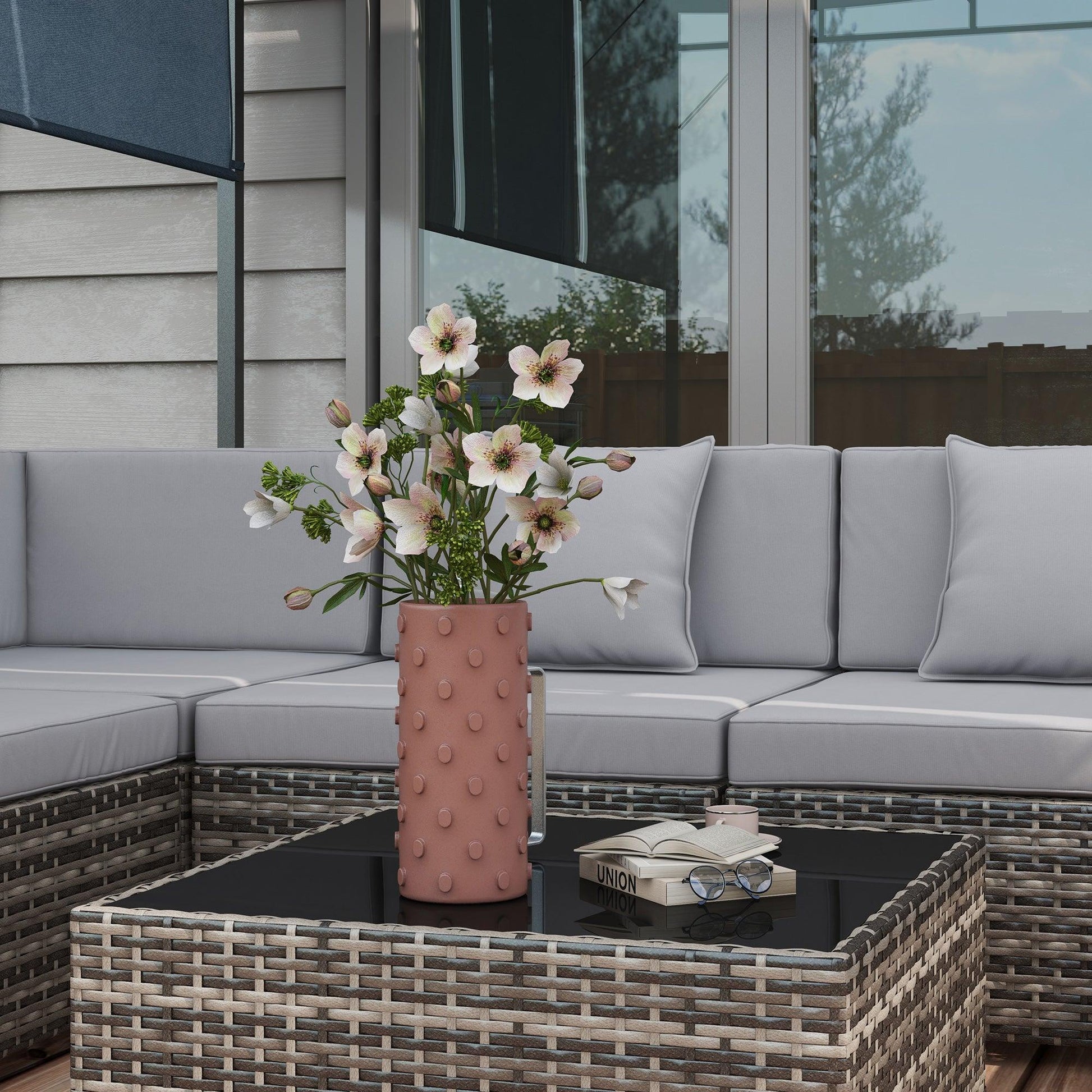 Outsunny 7 Pcs PE Rattan Garden Furniture Set w/ Thick Padded Cushion, Patio Corner Sofa Sets w/ Glass Coffee Table & Pillows, Mixed Grey - ALL4U RETAILER LTD