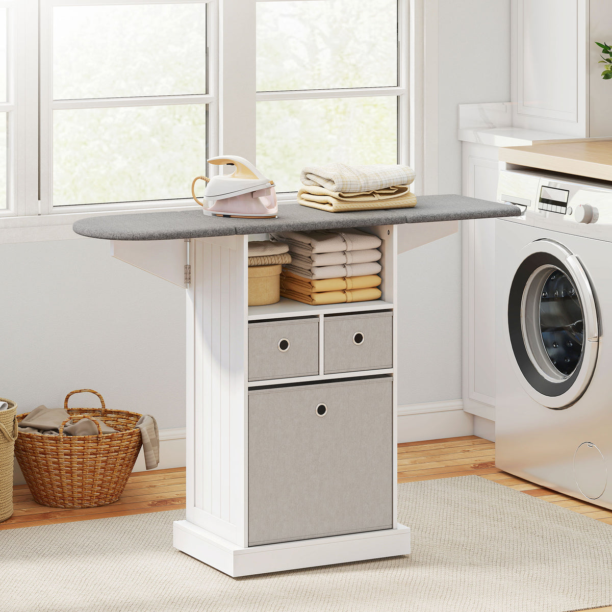 HOMCOM Mobile Ironing Board Cabinet With Wheels, Foldable Top, White