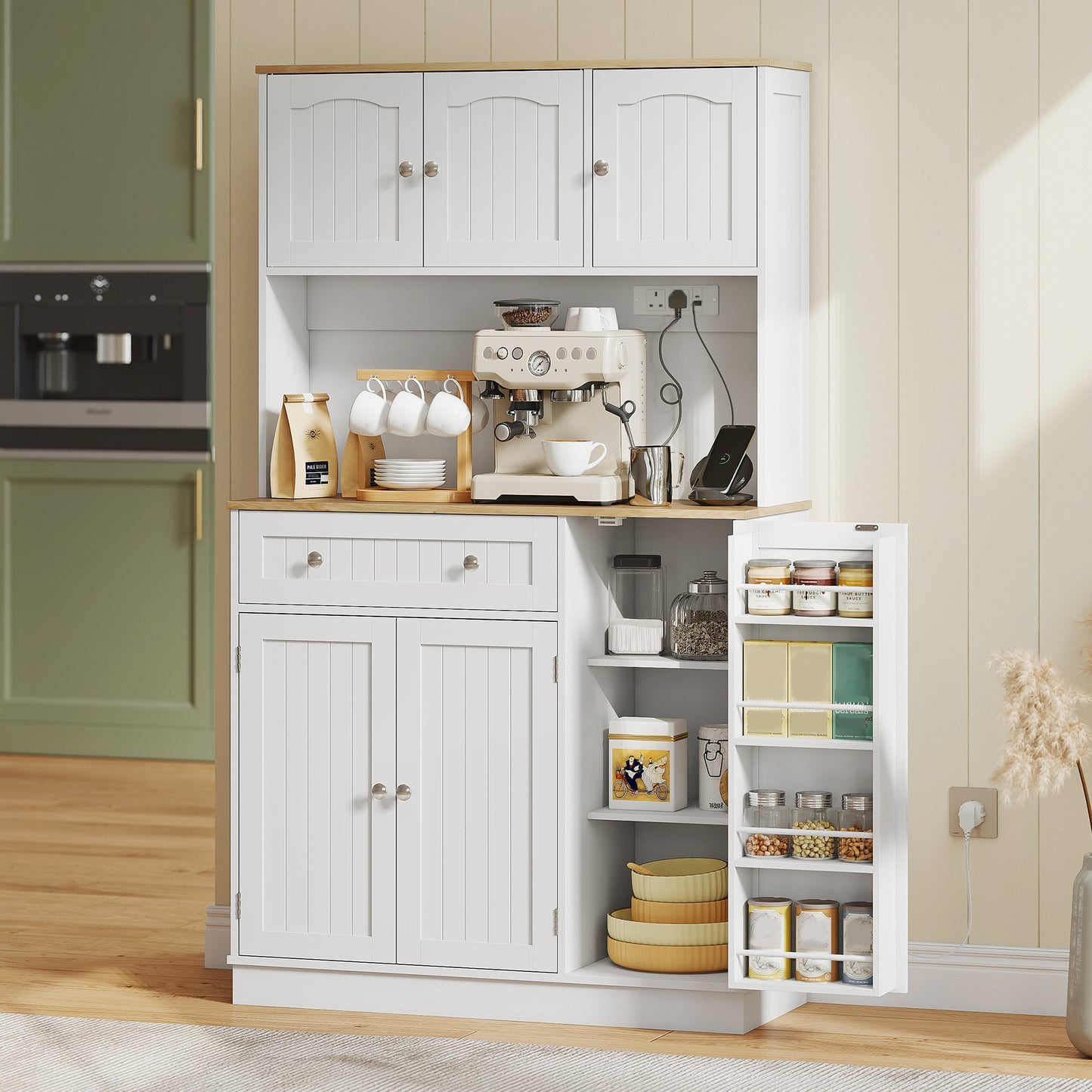 Tall Kitchen Pantry Cabinet With Charging Station And Adjustable Shelves
