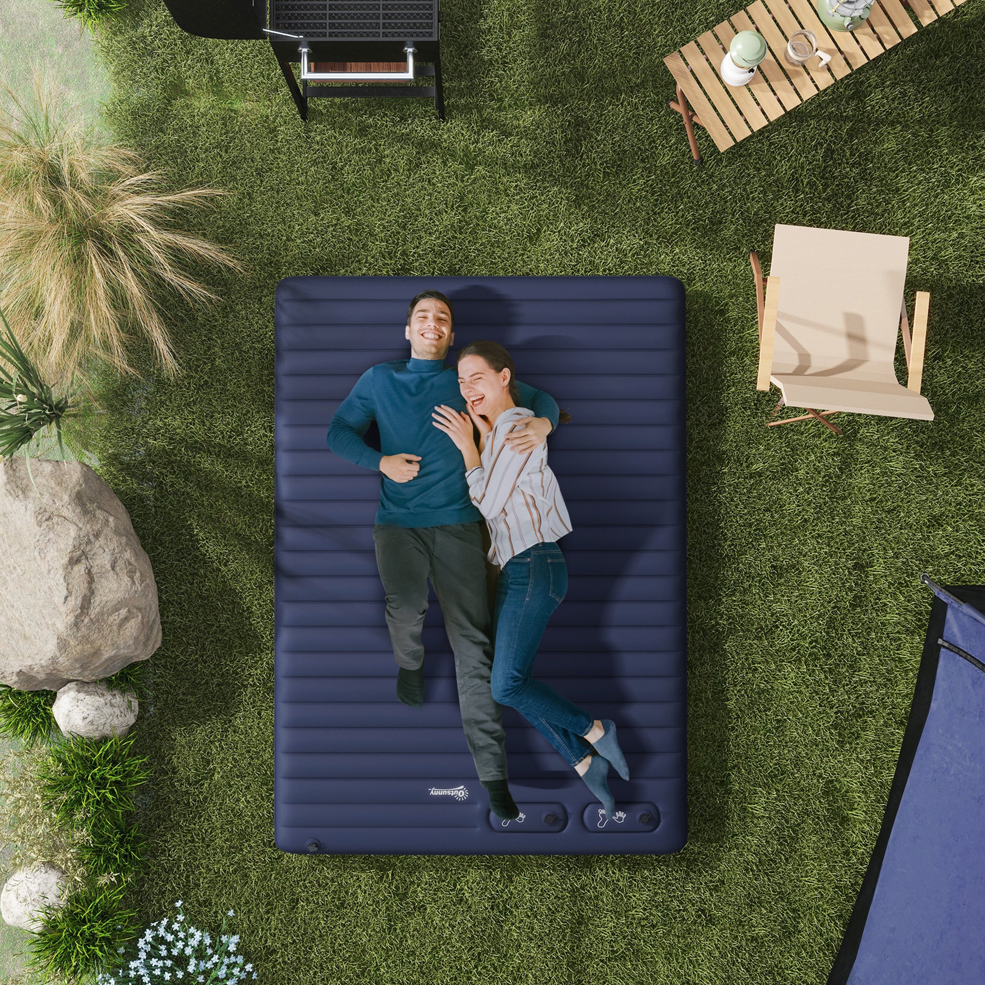 Outsunny Inflatable Double Air Bed with Built-in Foot Pump and Carry Bag - Dark Blue - ALL4U RETAILER LTD