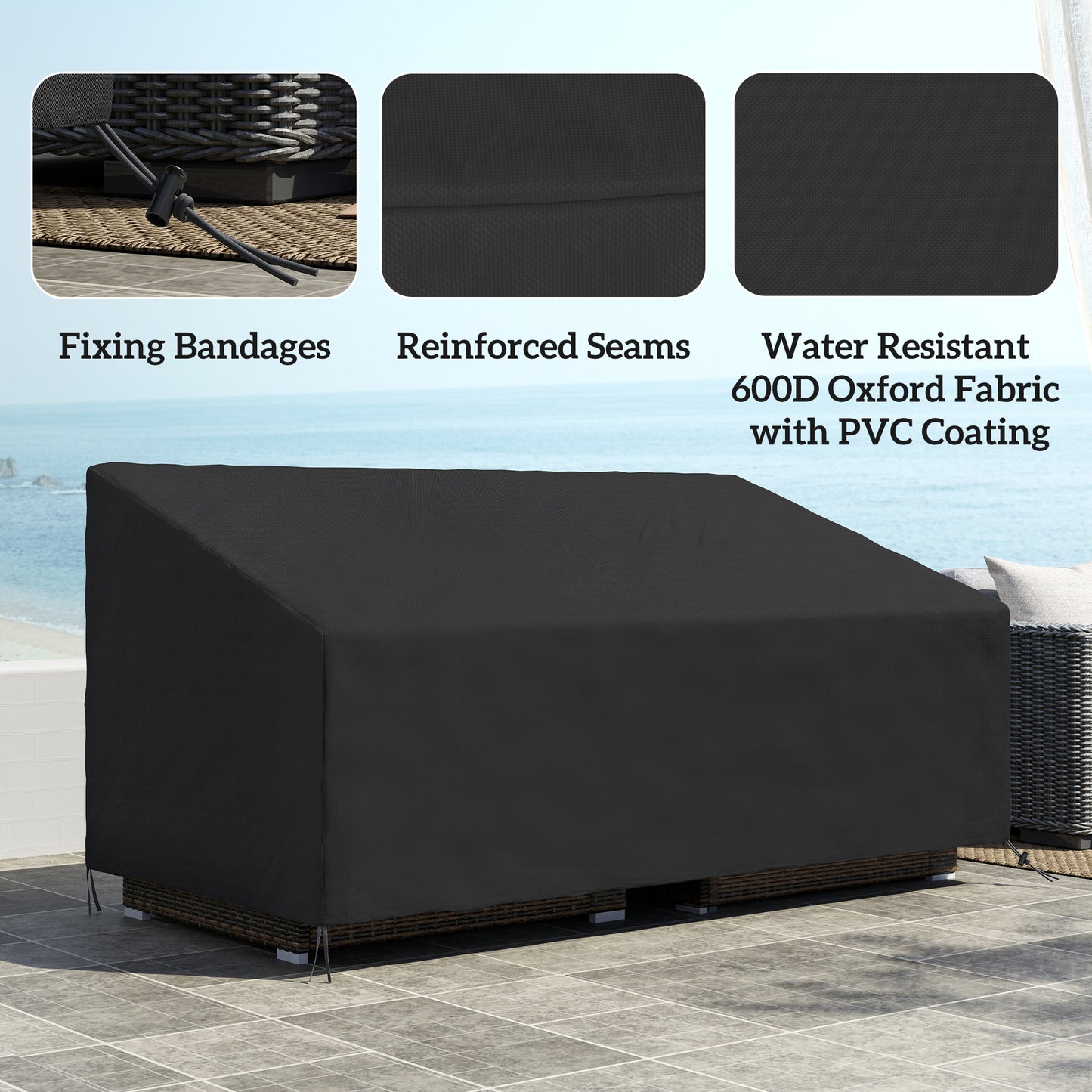 Outsunny 600D Oxford Cloth Waterproof Furniture Cover for 3 Seater Sofa Patio Outdoor Black 218 x 111 x 63 to 101 cm