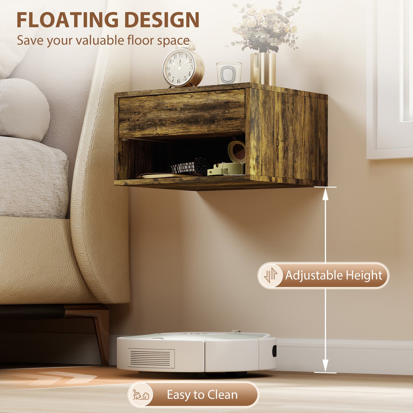 HOMCOM Set Of Two Rustic Brown Floating Bedside Tables With Drawer