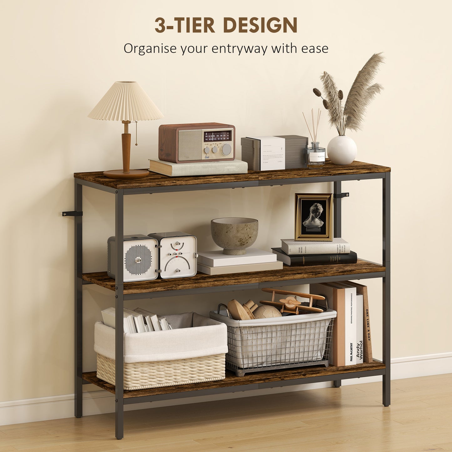 HOMCOM Rustic Brown 3 Tier Console Table With Storage Shelves For Entryway Industrial Black Frame
