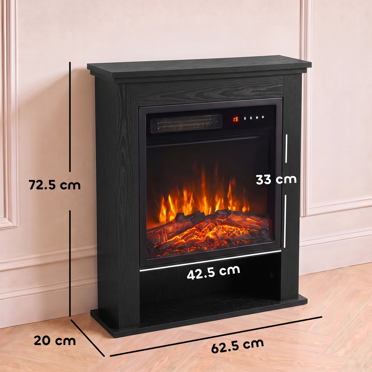 Black electric fireplace suite with LED flame window, open shelf, and size measurements