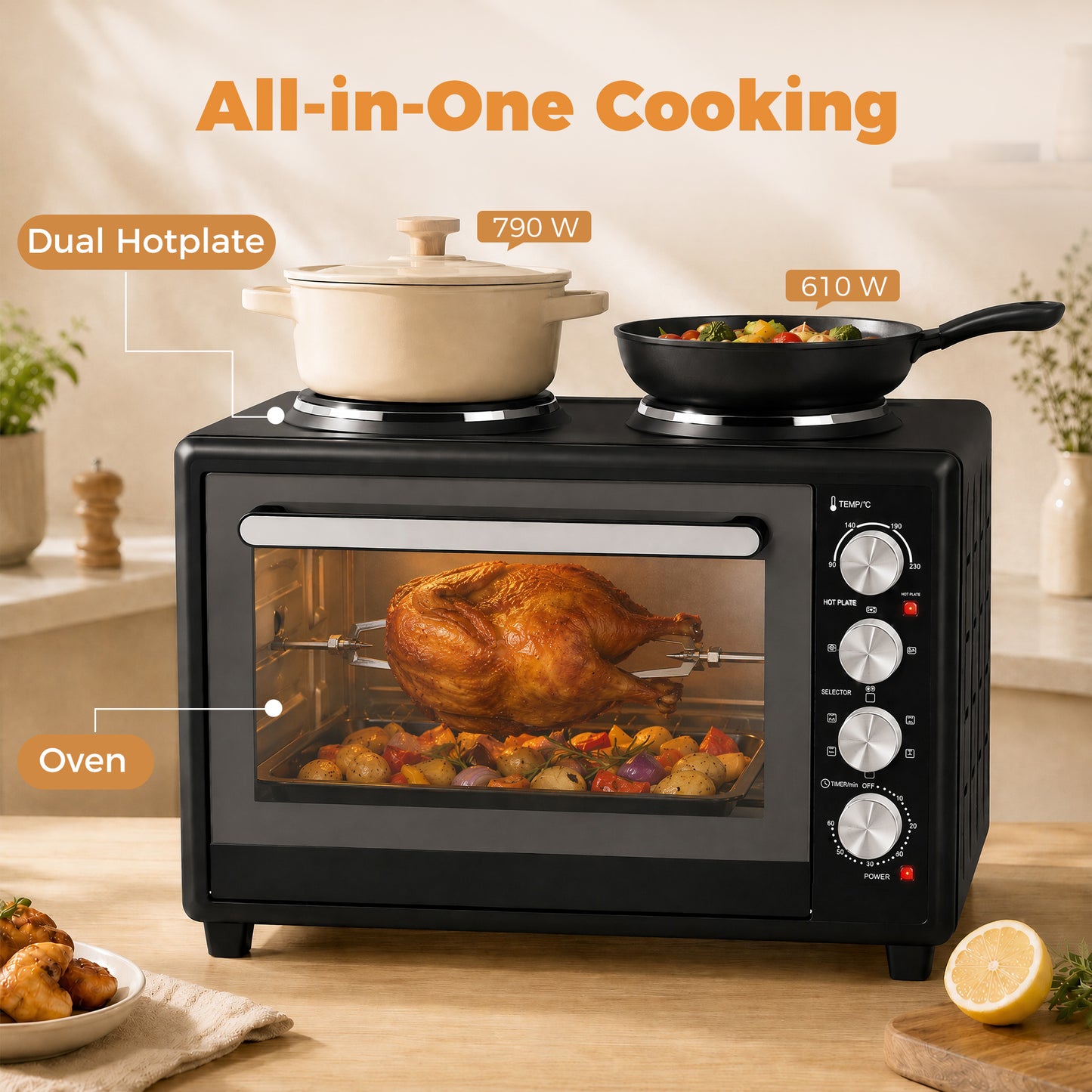 HOMCOM 46L Countertop Oven With Dual Hot Plates Convection And Adjustable Thermostat