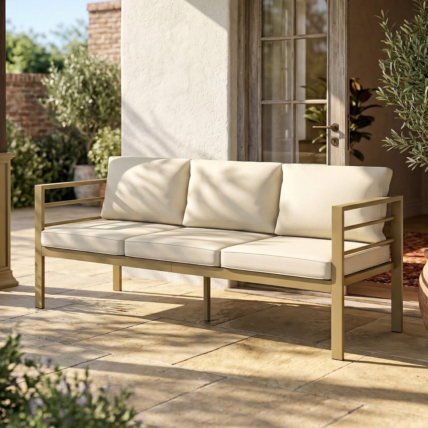 Outsunny Garden Bench With Cushions 3 Seater Sofa With Backrest And Armrests Cream White 185 X 66 X 64 Cm