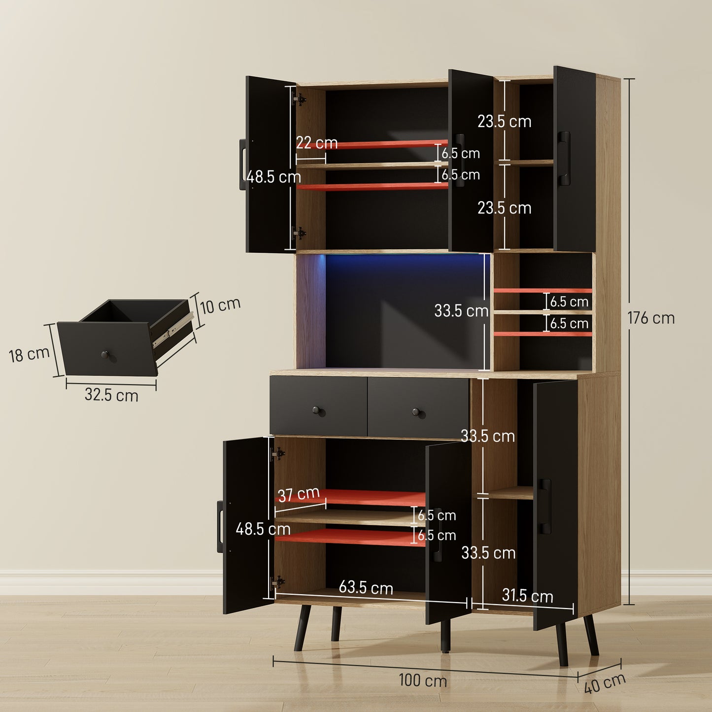 HOMCOM 176 Cm Kitchen Cupboard With LED Lights Oak And Black RGB Mood Lighting Over Sixty Thousand Colours