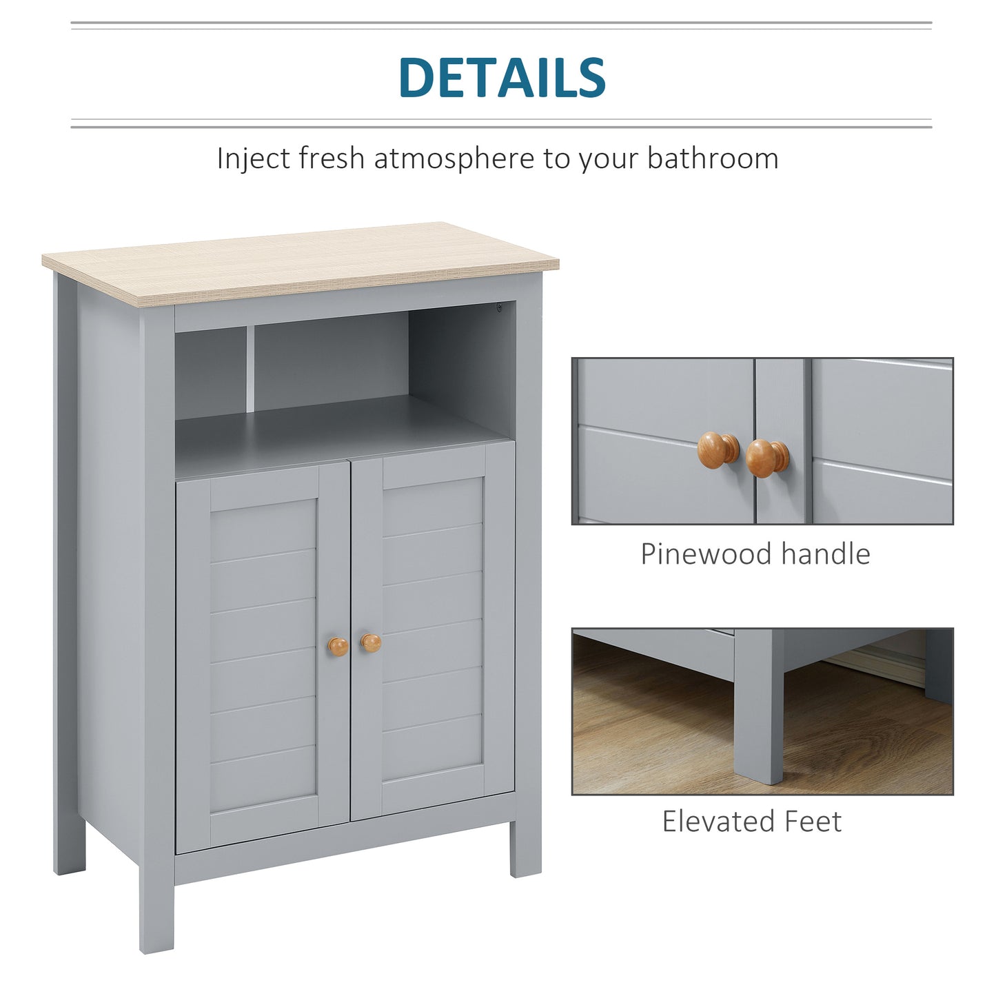Kleankin Grey Bathroom Floor Cabinet Free Standing Cupboard With Double Doors And Adjustable Shelf