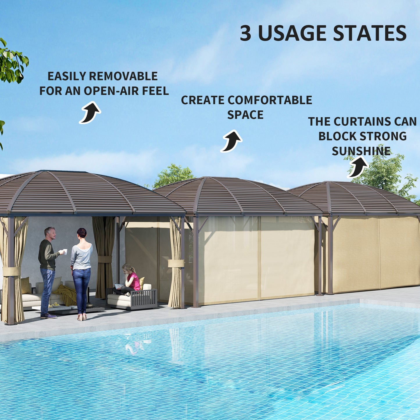 Outsunny 3 By 4m Hardtop Gazebo With Metal Roof Aluminium Frame Netting Curtains Permanent Pavilion Brown