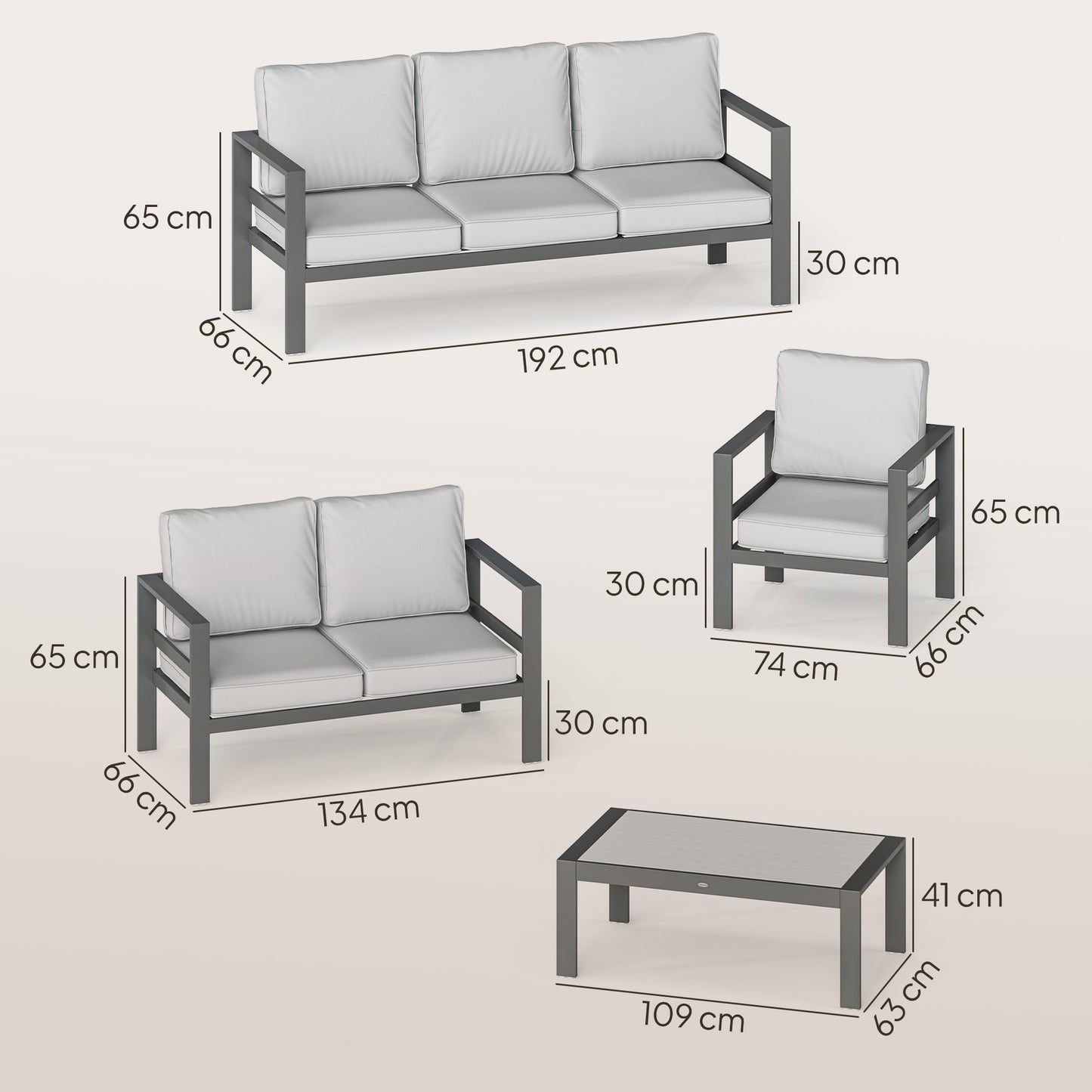 Outsunny 5 Piece Aluminium Garden Furniture Set With Olefin Cushions Extra Deep Outdoor Sofa Dark Grey