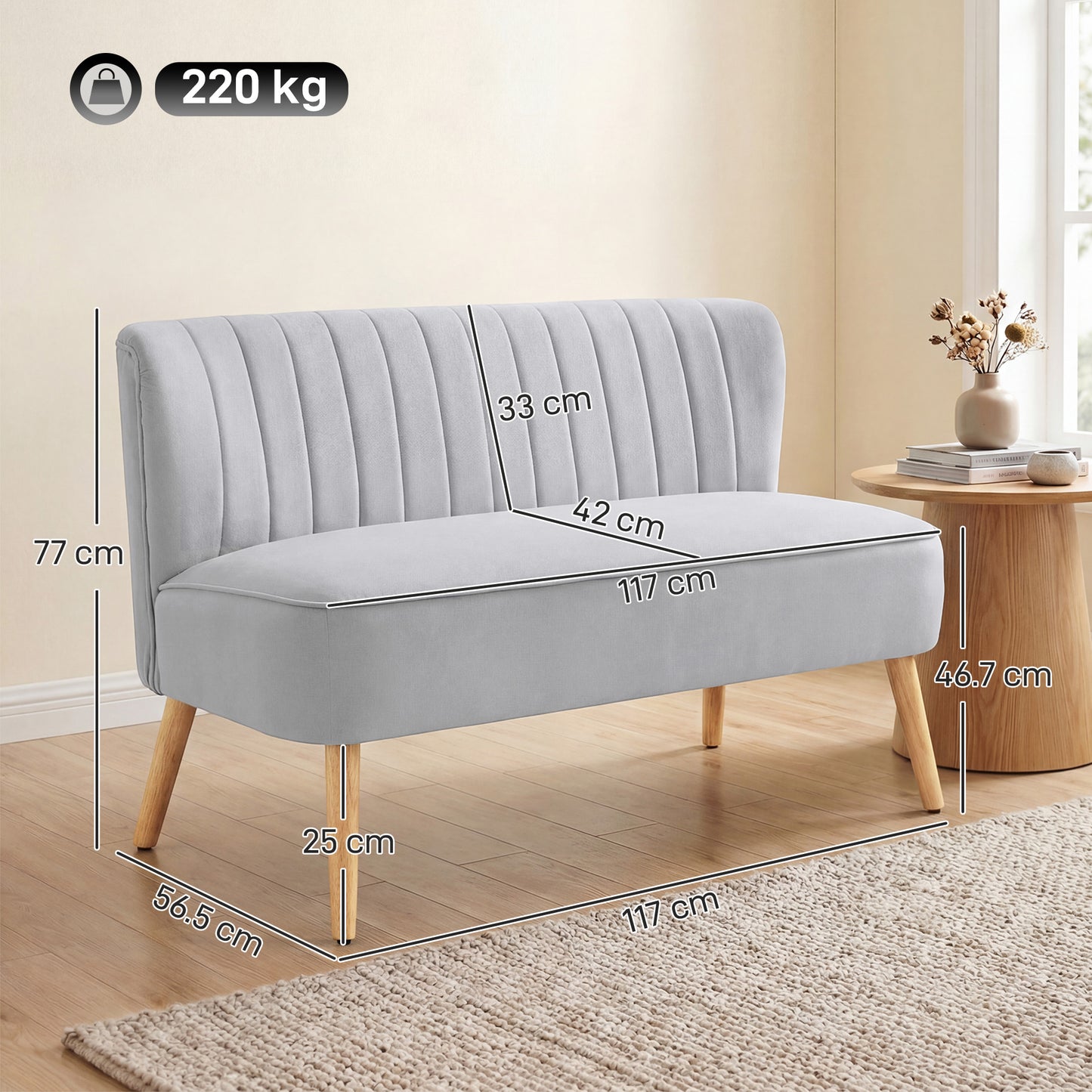 HOMCOM Modern Velvet Double Seater Sofa With Wood Frame Foam Padding Soft Comfortable Compact Couch Light Grey