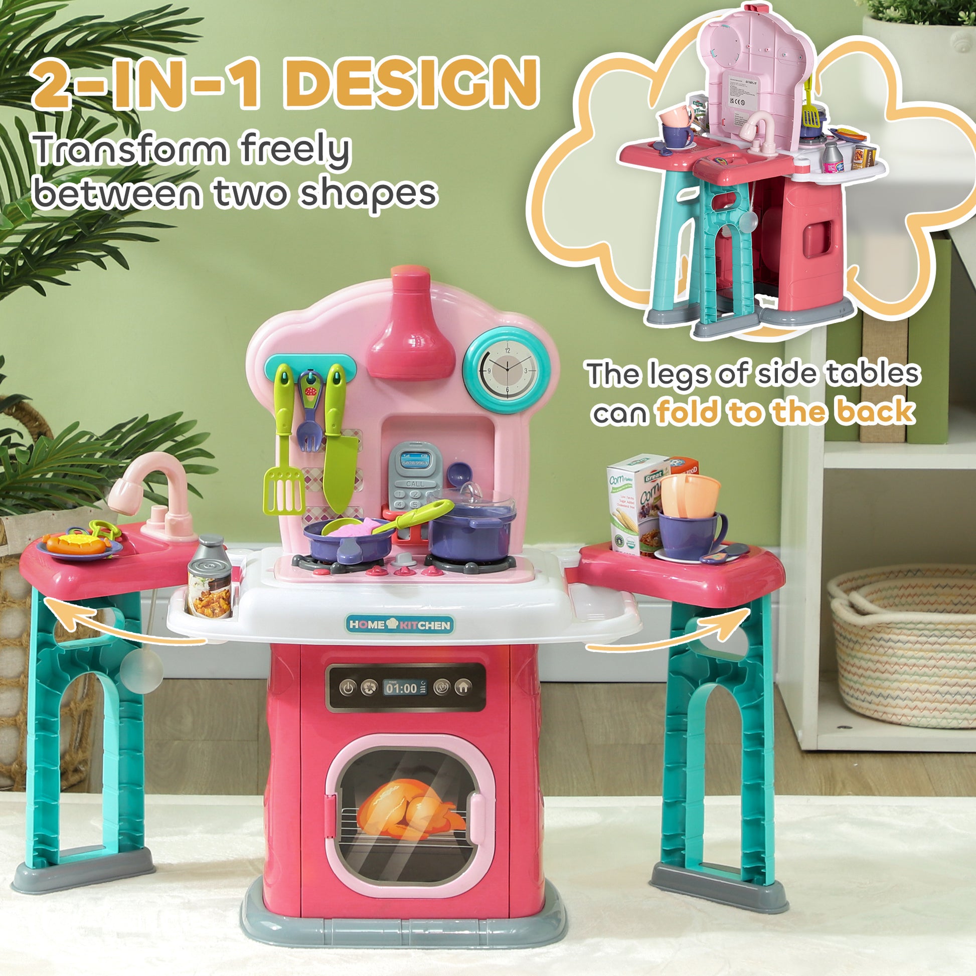 AIYAPLAY Toddler Pretend Play Kitchen Set with 45 Accessories, Light, Sound, and Spray Effects - Pink Kitchen for Kids Aged 3-6 Years - ALL4U RETAILER LTD