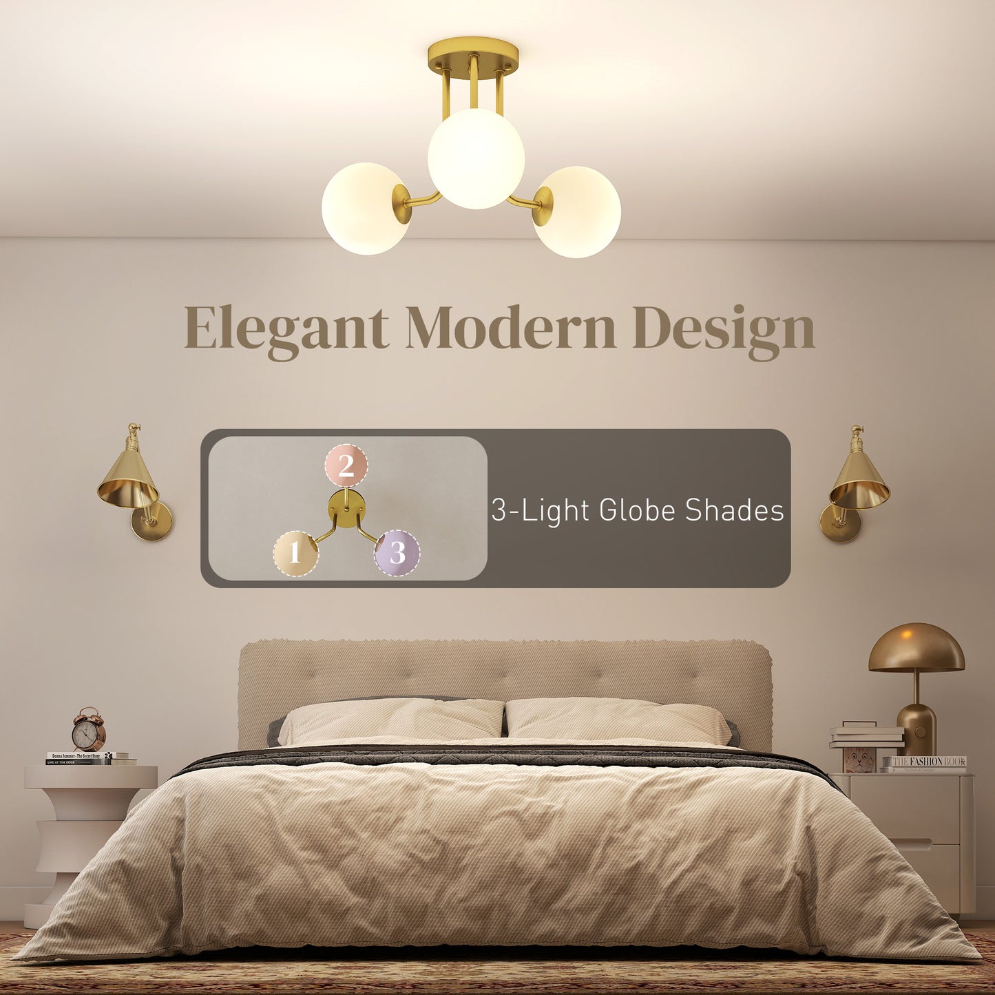 HOMCOM LED Ceiling Light With Globe Shades Modern 3 Light Fixture G9 Sockets Gold Tone For Living Room Bedroom Dining Room