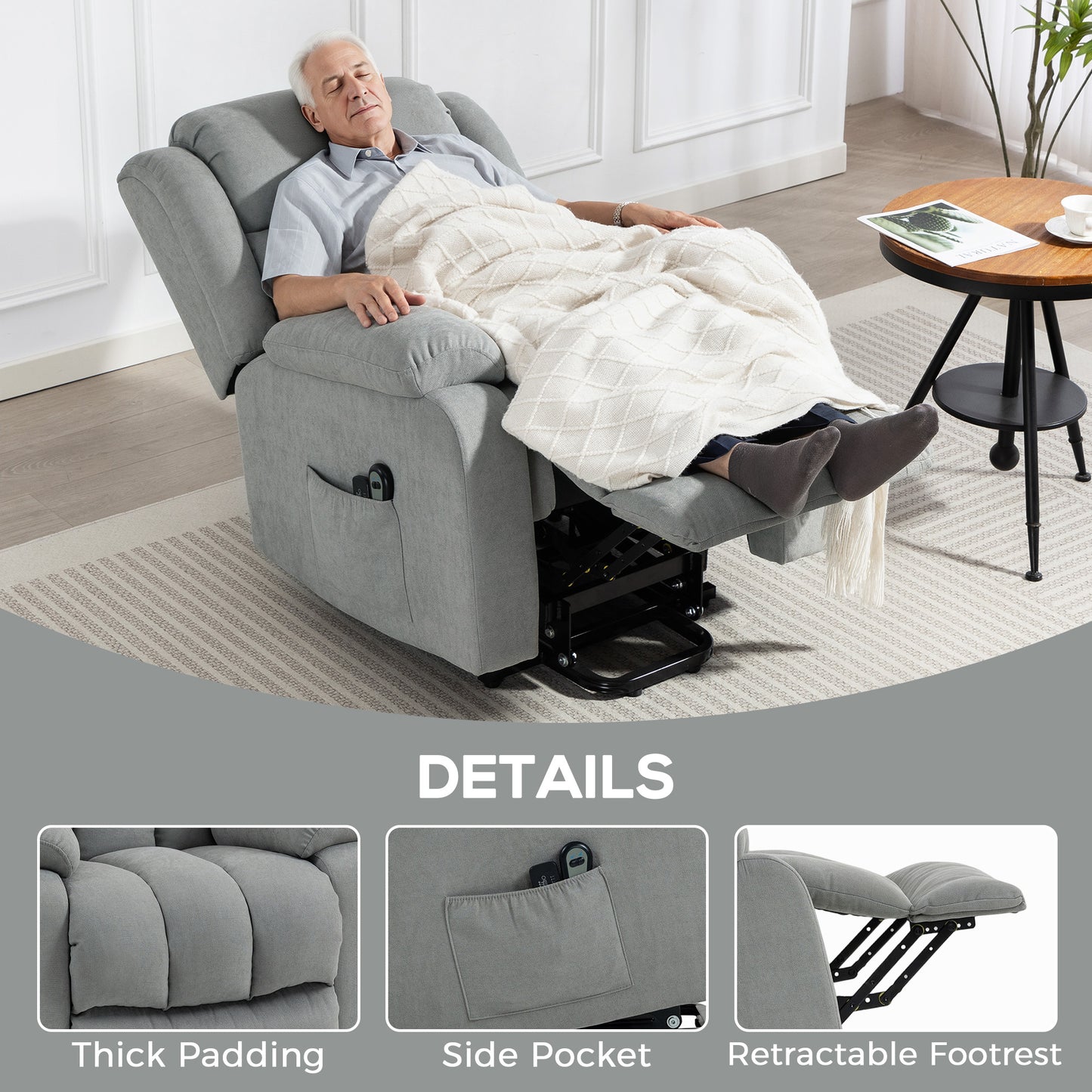 HOMCOM Eight Point Massage Electric Lift Chair Recliner With Remote Control 135 Degree Back Recline Light Grey