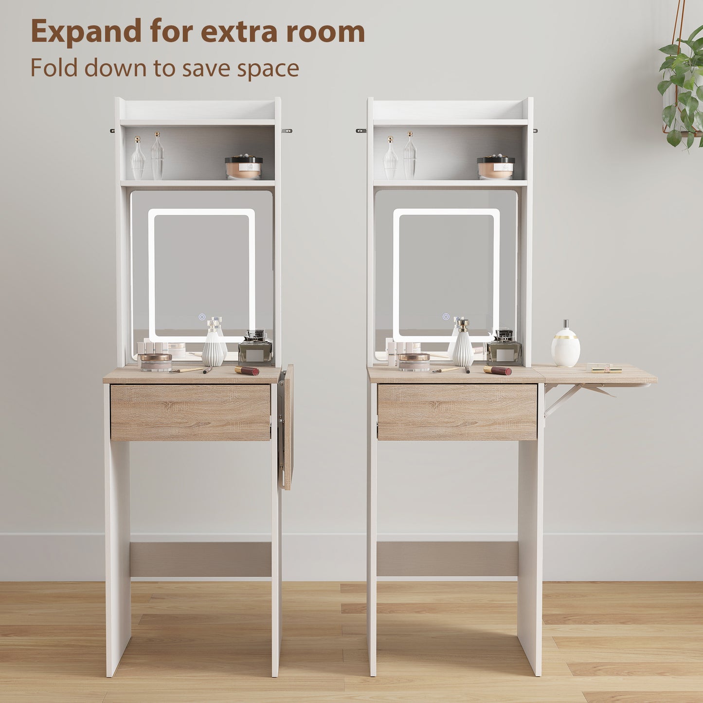 Women's Homcom Small Vanity Desk With Mirror And Led Lights, Compact Dressing Table With Drop Leaf, Open Shelves And Drawer, White
