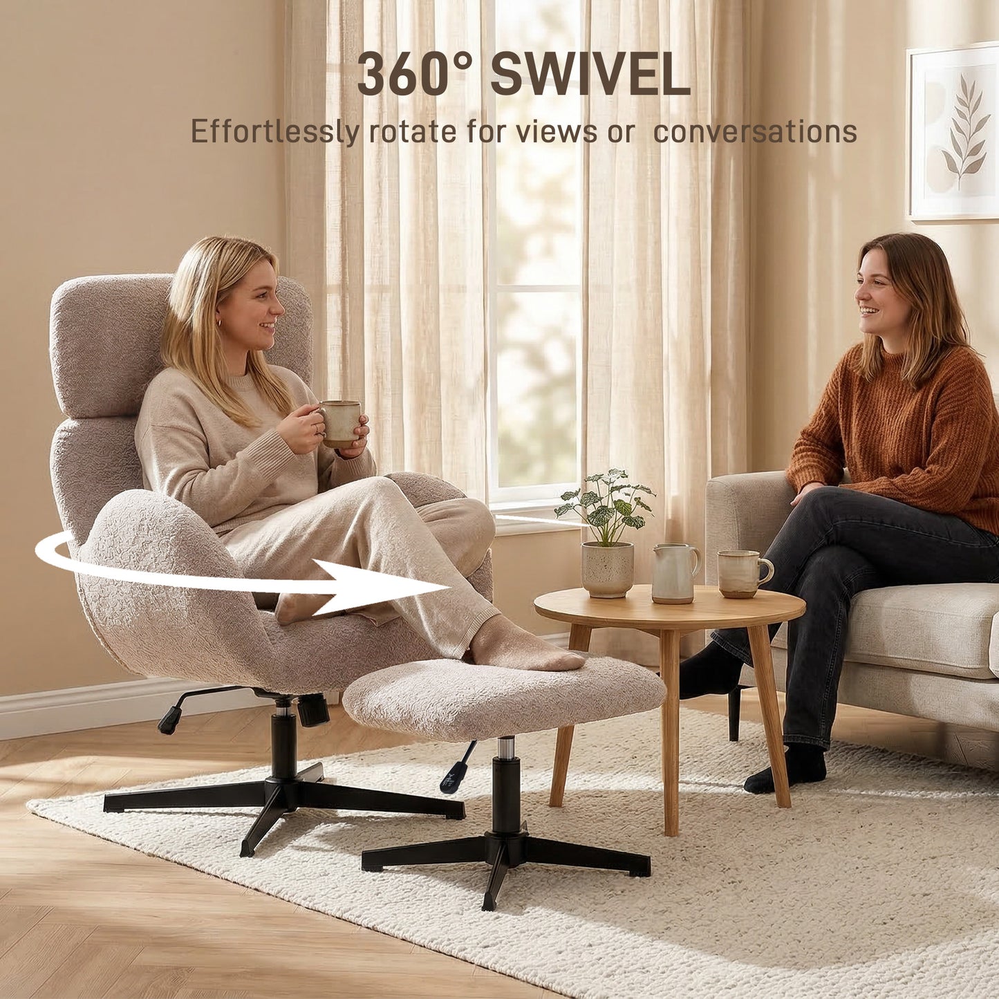 HOMCOM Swivel Armchair And Footstool Set With Height Adjustable Headrest, Rocking Function, Light Brown Velvet