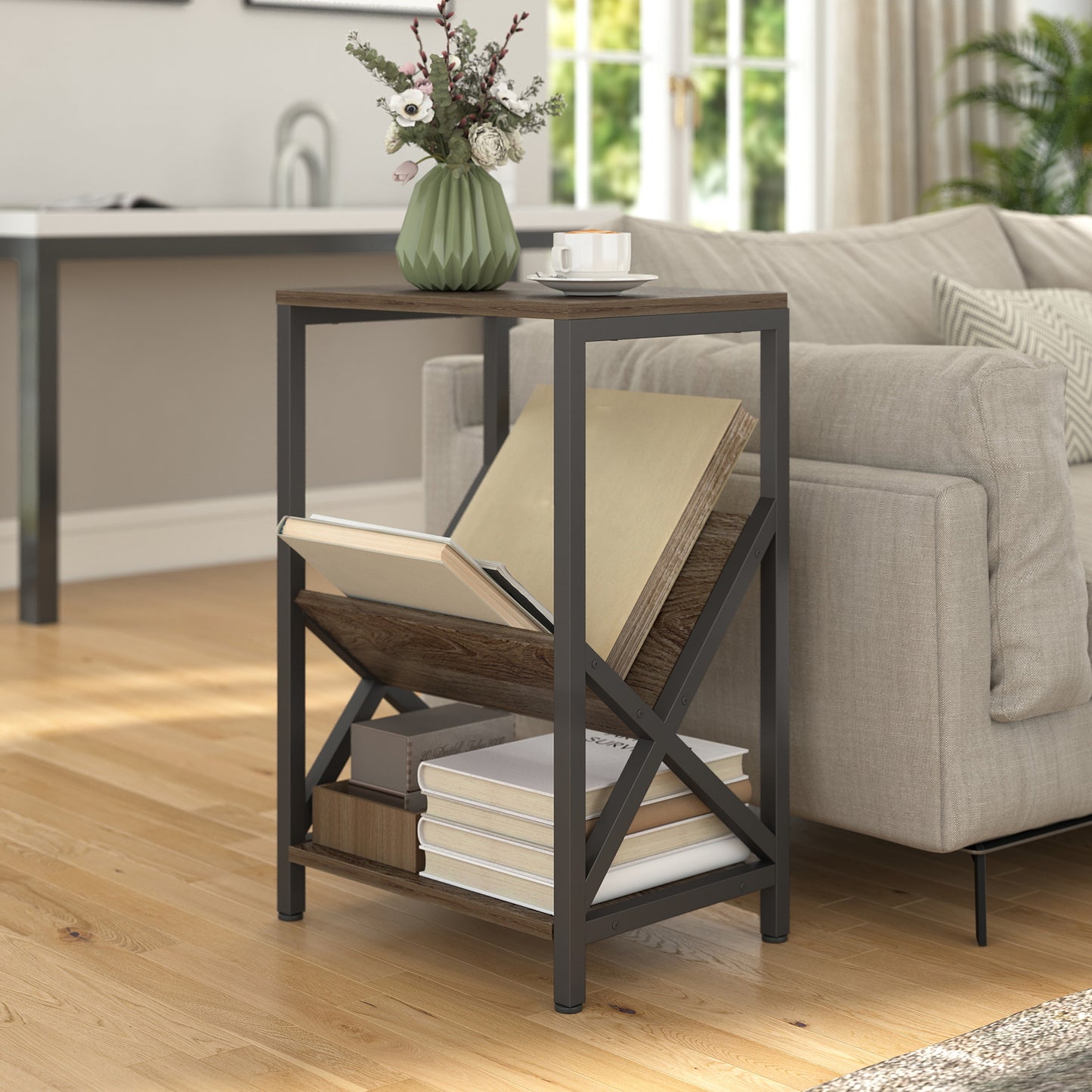HOMCOM Narrow Side Table With 3 Tier Storage V Shaped Magazine Holder Oak Wood Effect Finish And Black Steel Frame