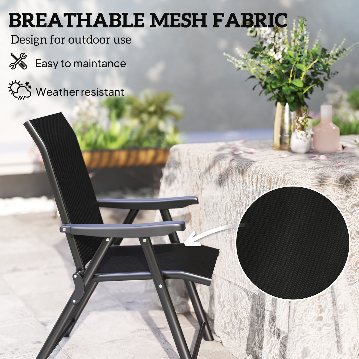 Outsunny Two Folding Outdoor Chairs Black Breathable Mesh Seats With Powder Coated Steel Frames For Garden And Patio