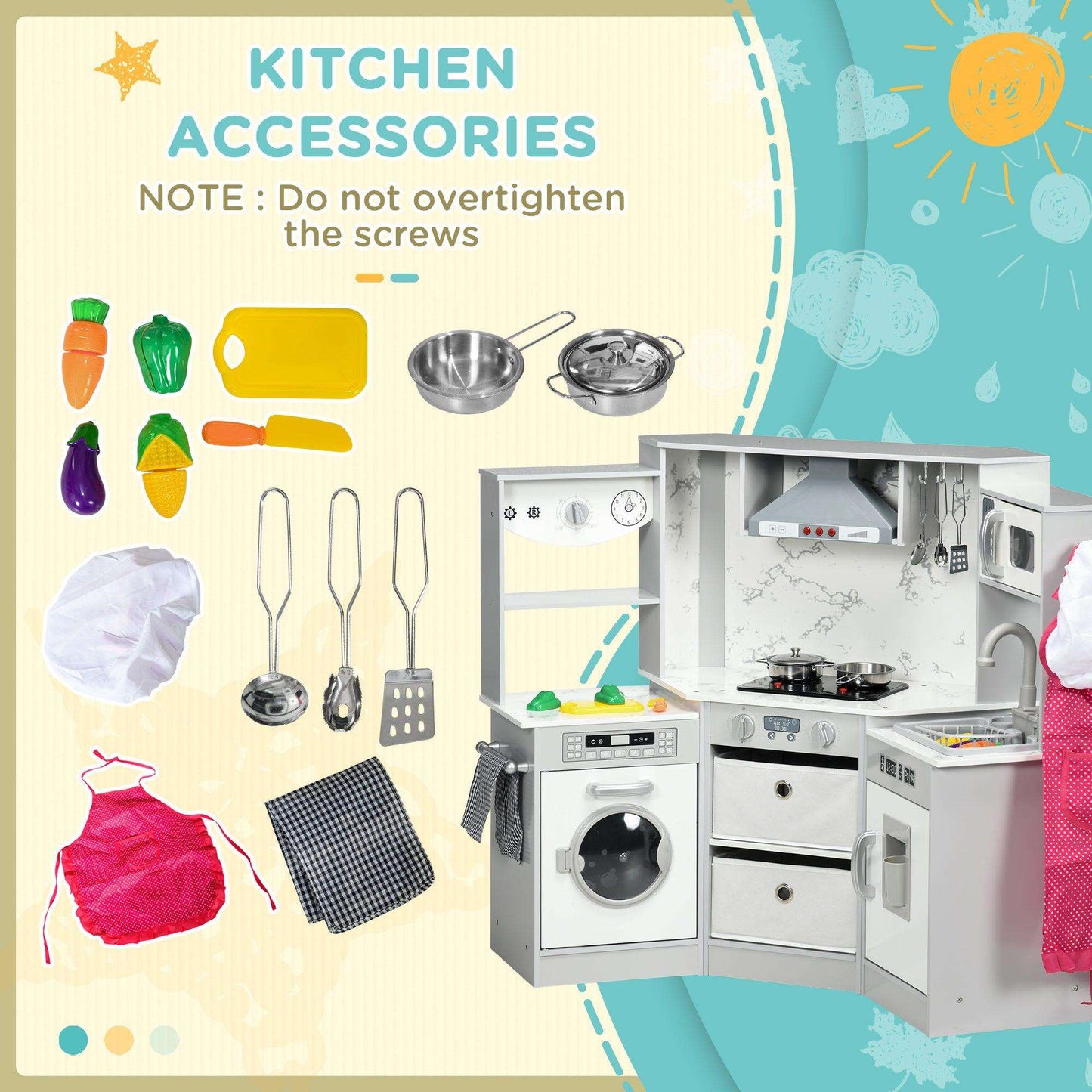 AIYAPLAY Toy Kitchen with Running Water, Lights, Sounds, Apron, Chef Hat, Water Dispenser - Grey - ALL4U RETAILER LTD