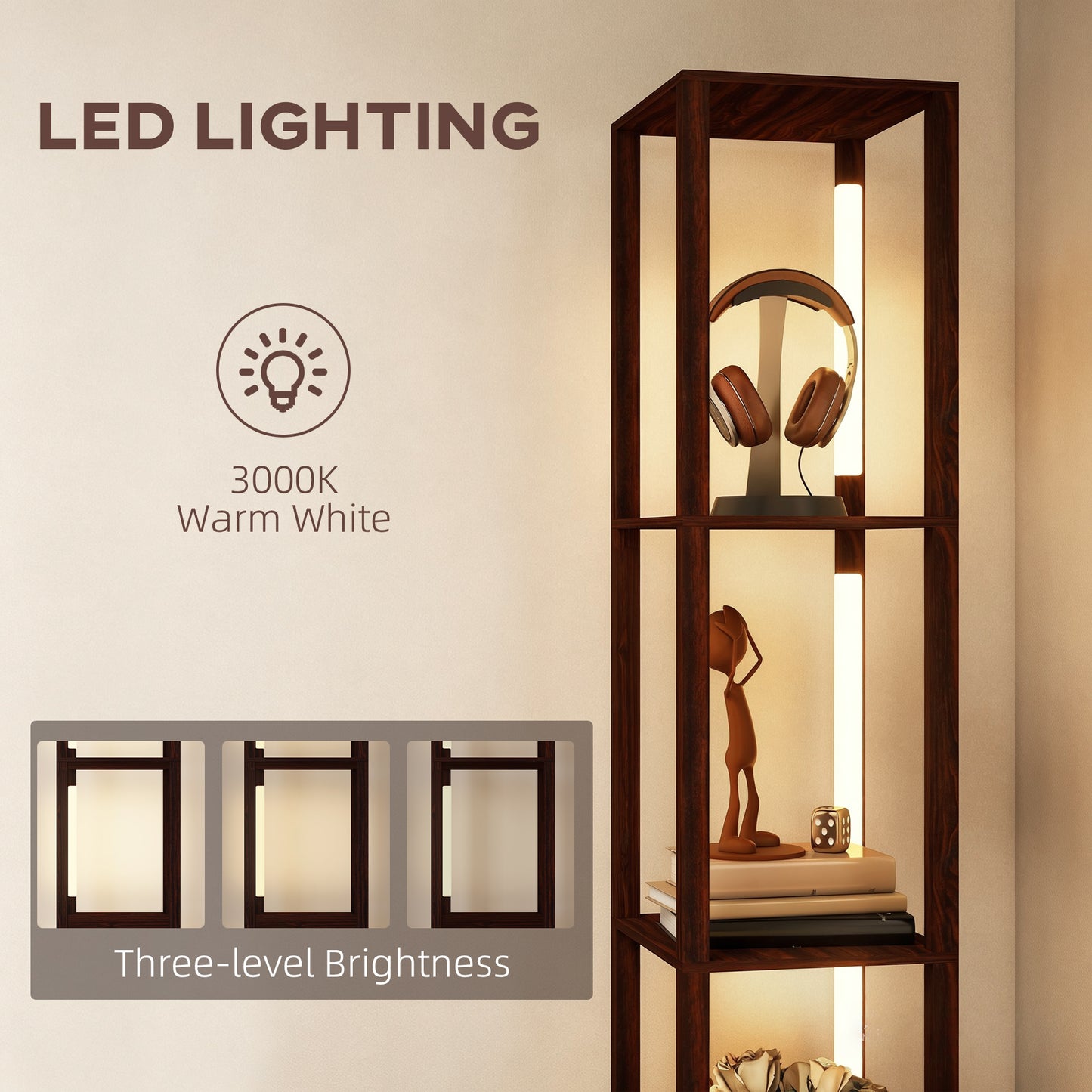 HOMCOM Floor Lamp With Shelves And Fabric Drawer LED Column Standing Lamp Adjustable Brightness Foot Switch Dark Brown