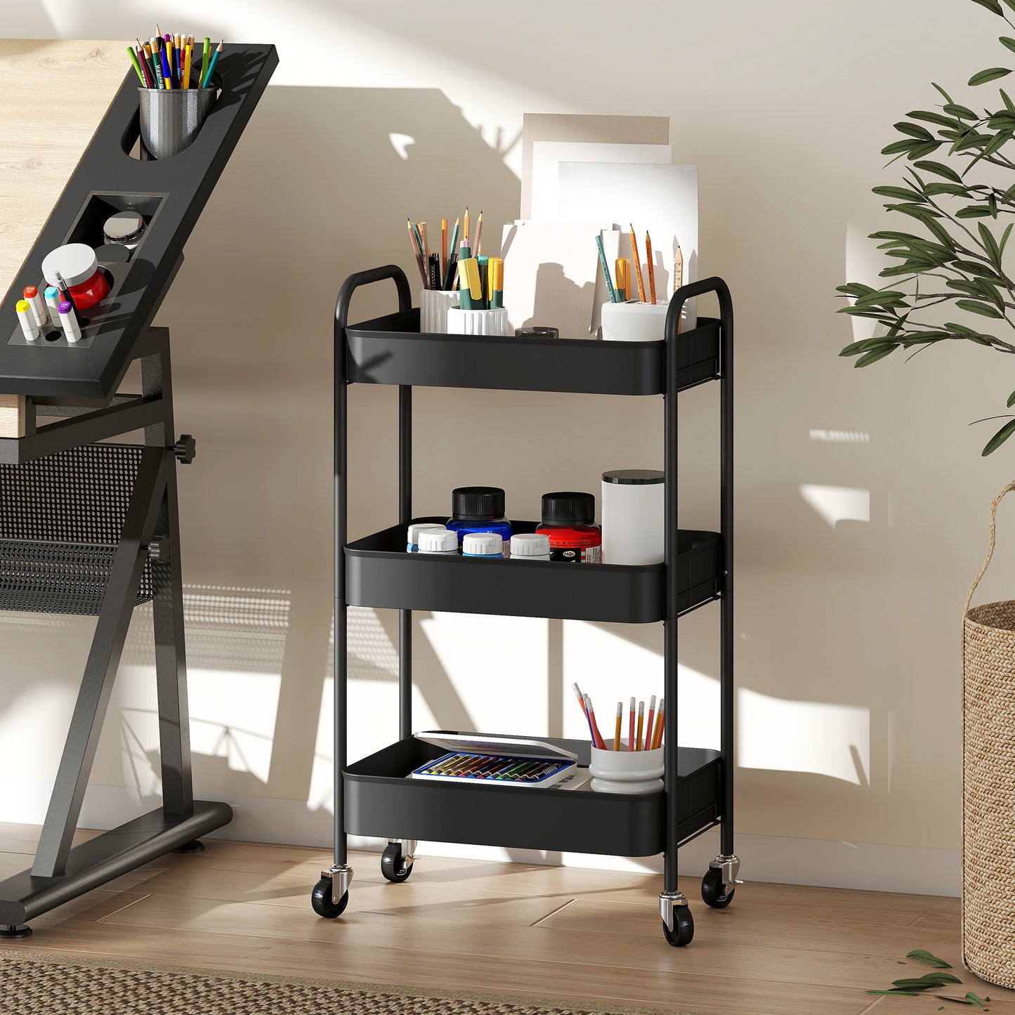 HOMCOM Three Tier Steel Storage Trolley Black Rolling Cart With Three Baskets For Home Kitchen Laundry Office