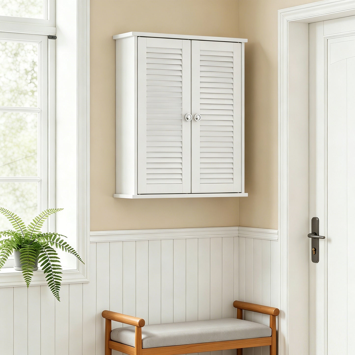 HOMCOM White Bathroom Wall Cabinet With Louvered Doors And Adjustable Shelf For Bathroom Storage
