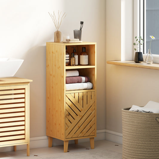HOMCOM Slim Bathroom Cabinet With Bamboo Door And Legs Freestanding Storage Cupboard Compartments Natural Wood Finish