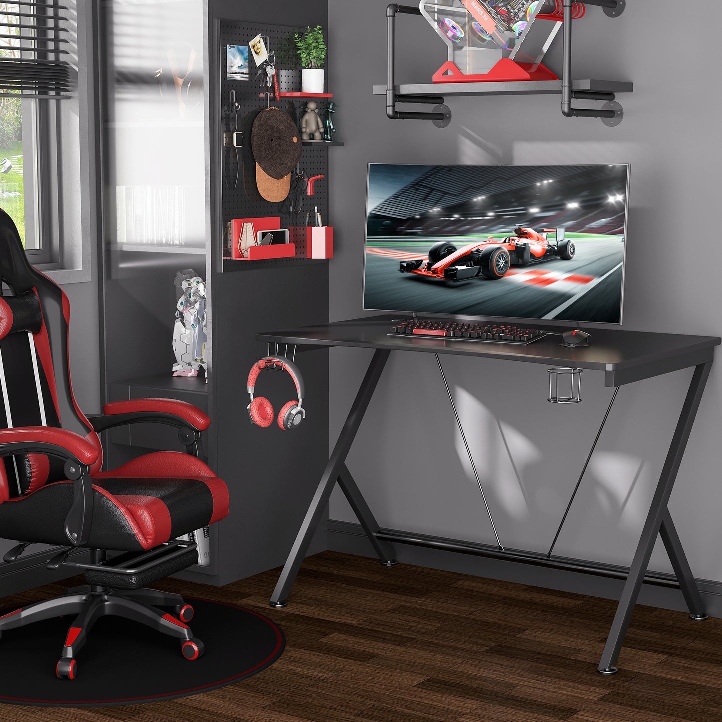 HOMCOM Black Gaming Desk with Metal Frame, Cup Holder, Headphone Hook, and Cable Management - ALL4U RETAILER LTD