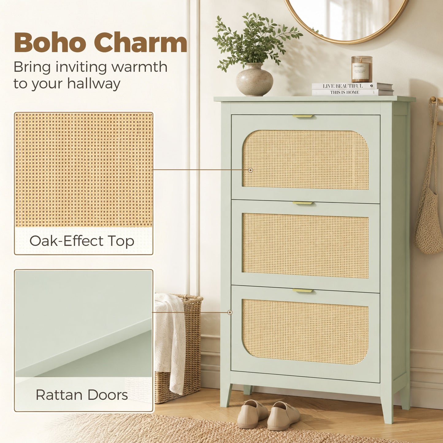 HOMCOM Narrow Boho Shoe Cabinet With Three Flip Drawers Holds 21 Pairs Light Green Entryway Storage