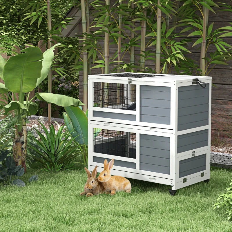 PawHut Grey Double Decker Guinea Pig Cage - Indoor Rabbit Hutch with Feeding Trough, Trays, Ramps, and Openable Top - ALL4U RETAILER LTD